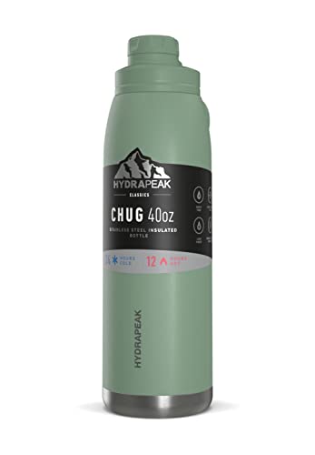 Hydrapeak 40 oz Insulated Water Bottle with Chug Lid - Sage - Leak Proof Double Walled Vacuum Insulated Stainless