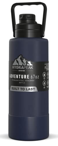 Hydrapeak Adventure 67oz Insulated Water Flask - Half Gallon Navy Stainless Steel Canteen with Rubber Boot