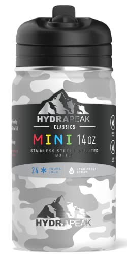 Hydrapeak Mini 14oz Insulated Kids Water Bottle with Straw Lid, White Camo, Stainless Steel Double Wall, Leak-Proof