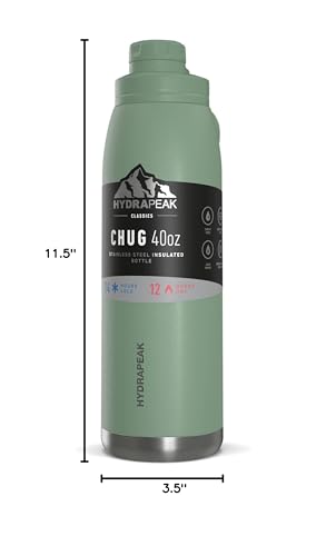Hydrapeak 40 oz Insulated Water Bottle with Chug Lid - Sage - Leak Proof Double Walled Vacuum Insulated Stainless