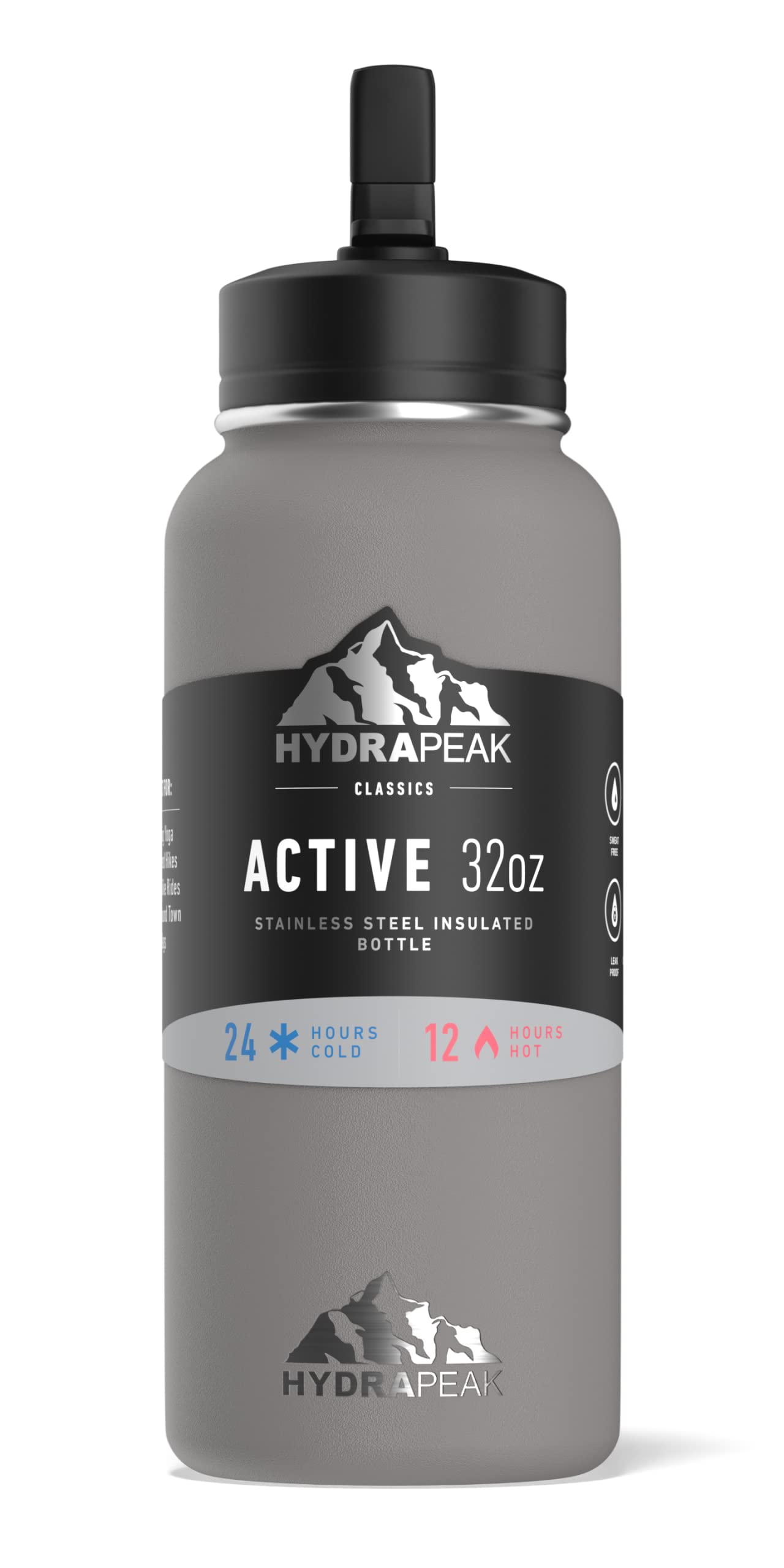 Hydrapeak 32oz Insulated Water Bottle with Straw Lid - Grey, Double Wall Stainless Steel