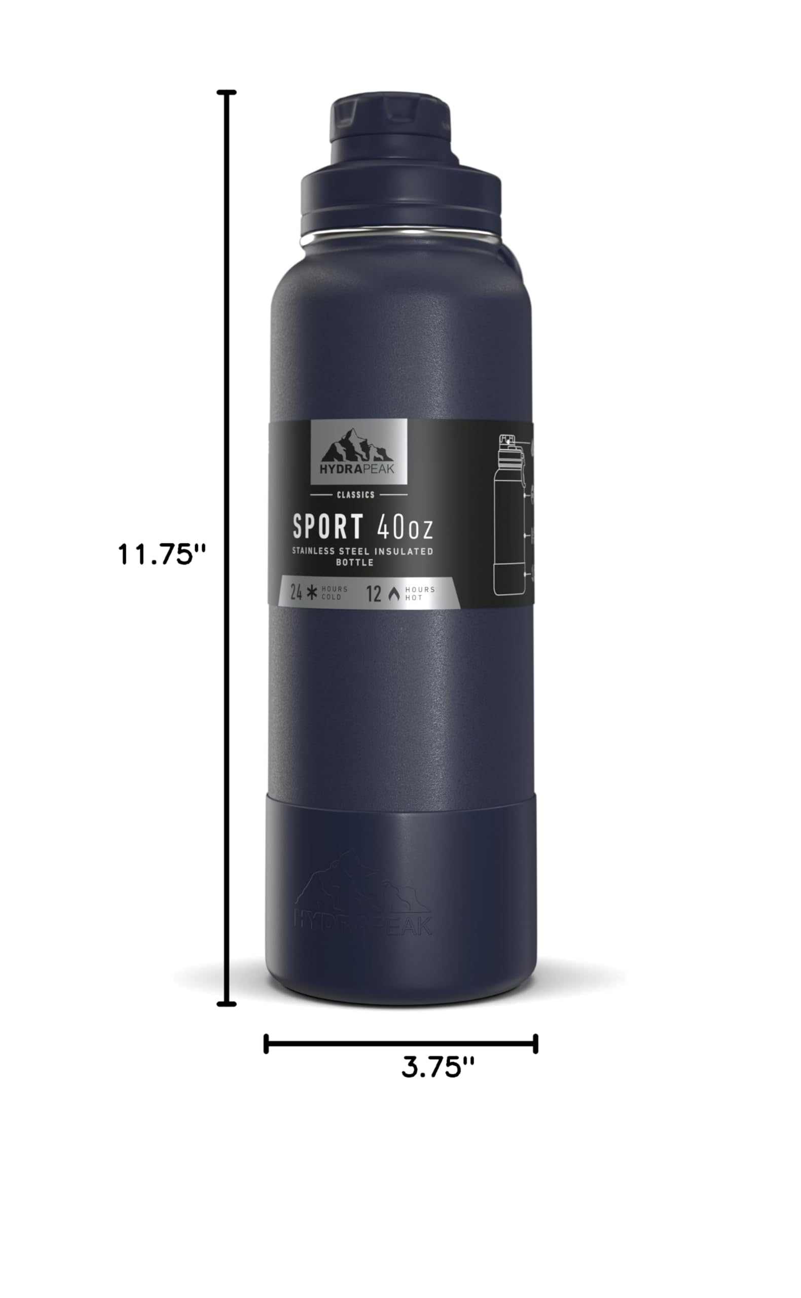 Hydrapeak 40oz Sport Insulated Water Bottle with Chug Lid, Navy, Double Wall Stainless Steel, Leak-Proof