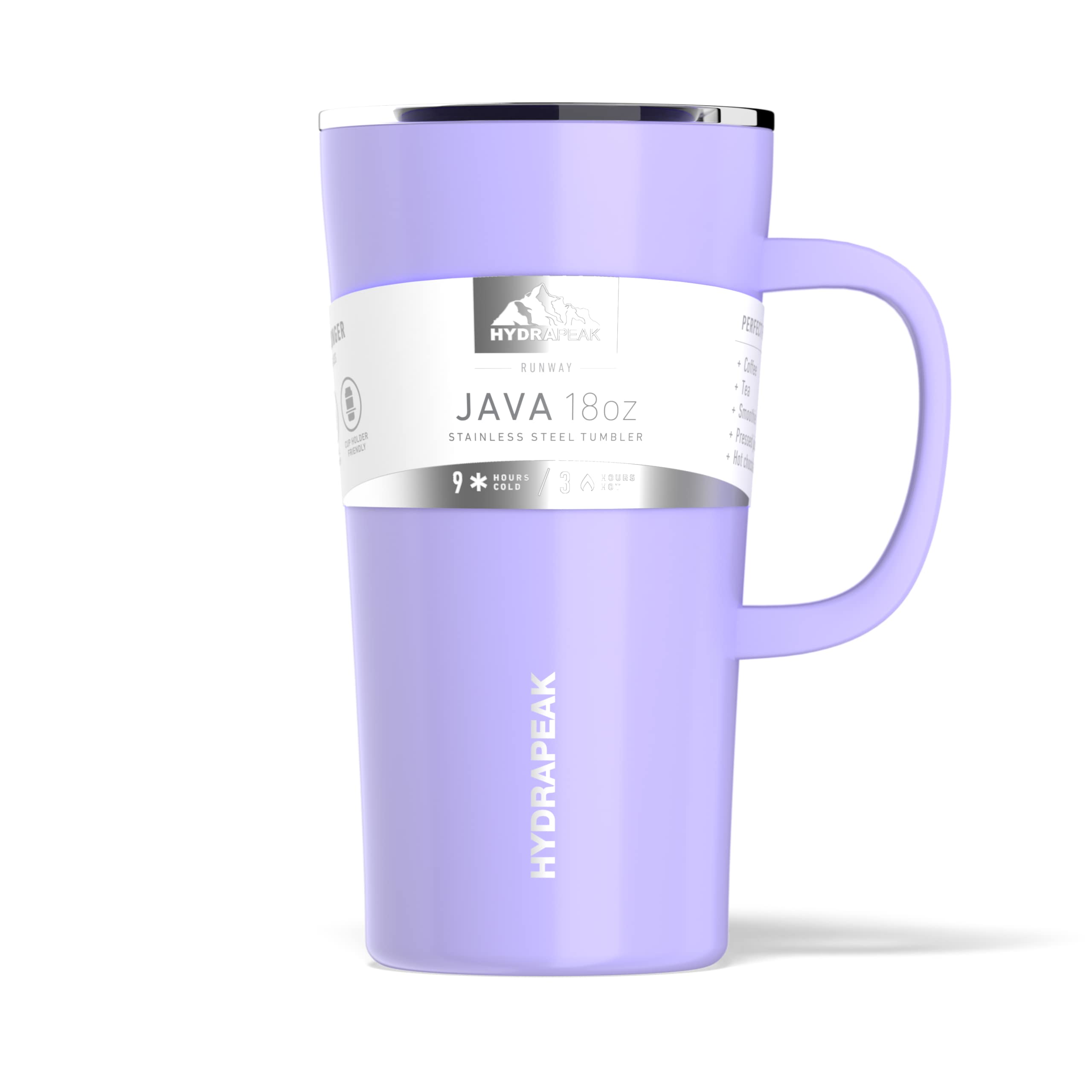 Hydrapeak JAVA 18oz Insulated Travel Coffee Mug with Handle - Leak-Proof Stainless Steel Tumbler, Lilac