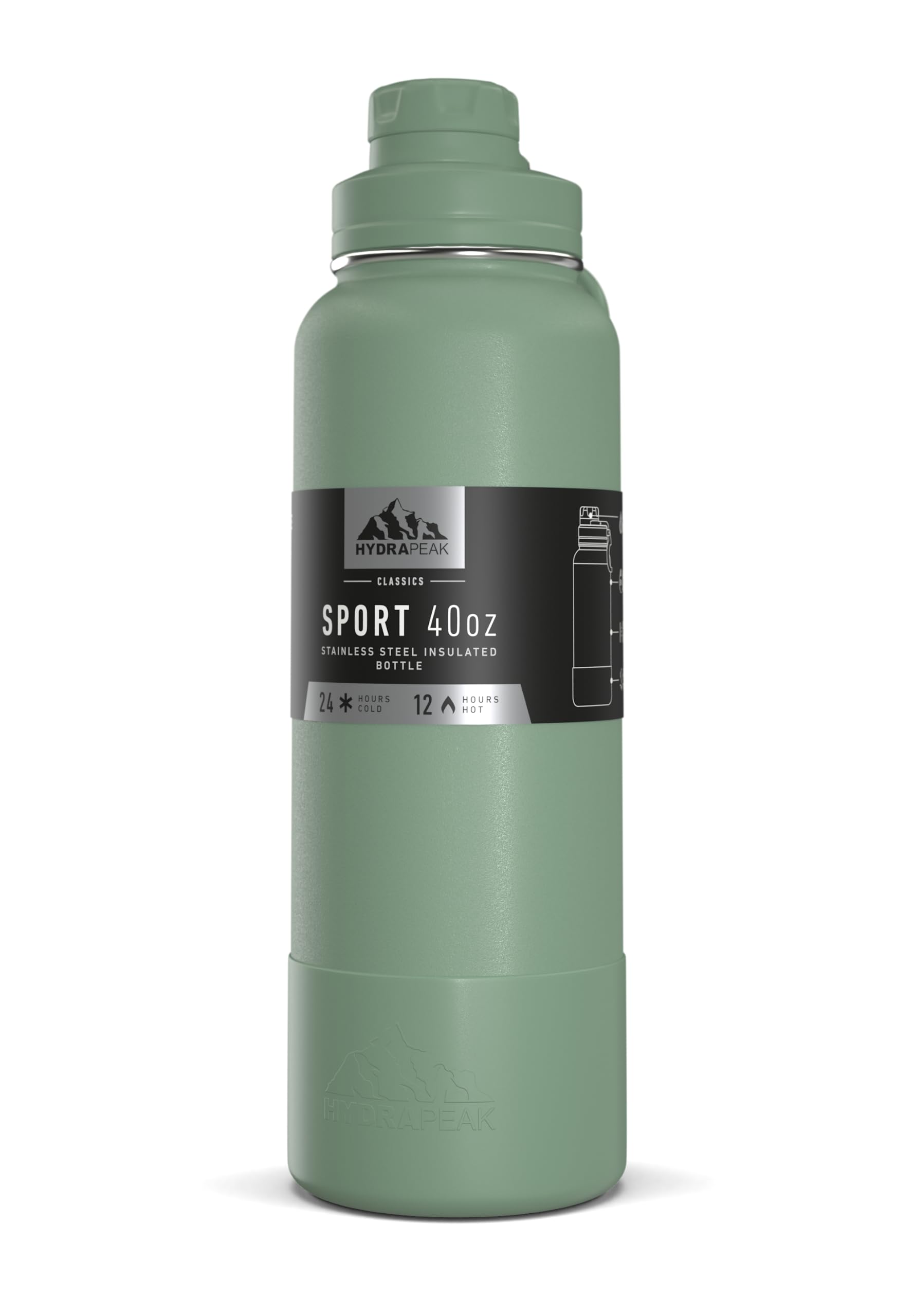 Hydrapeak 40oz Sport Insulated Water Bottle Sage - Double Wall Stainless Steel with Chug Lid