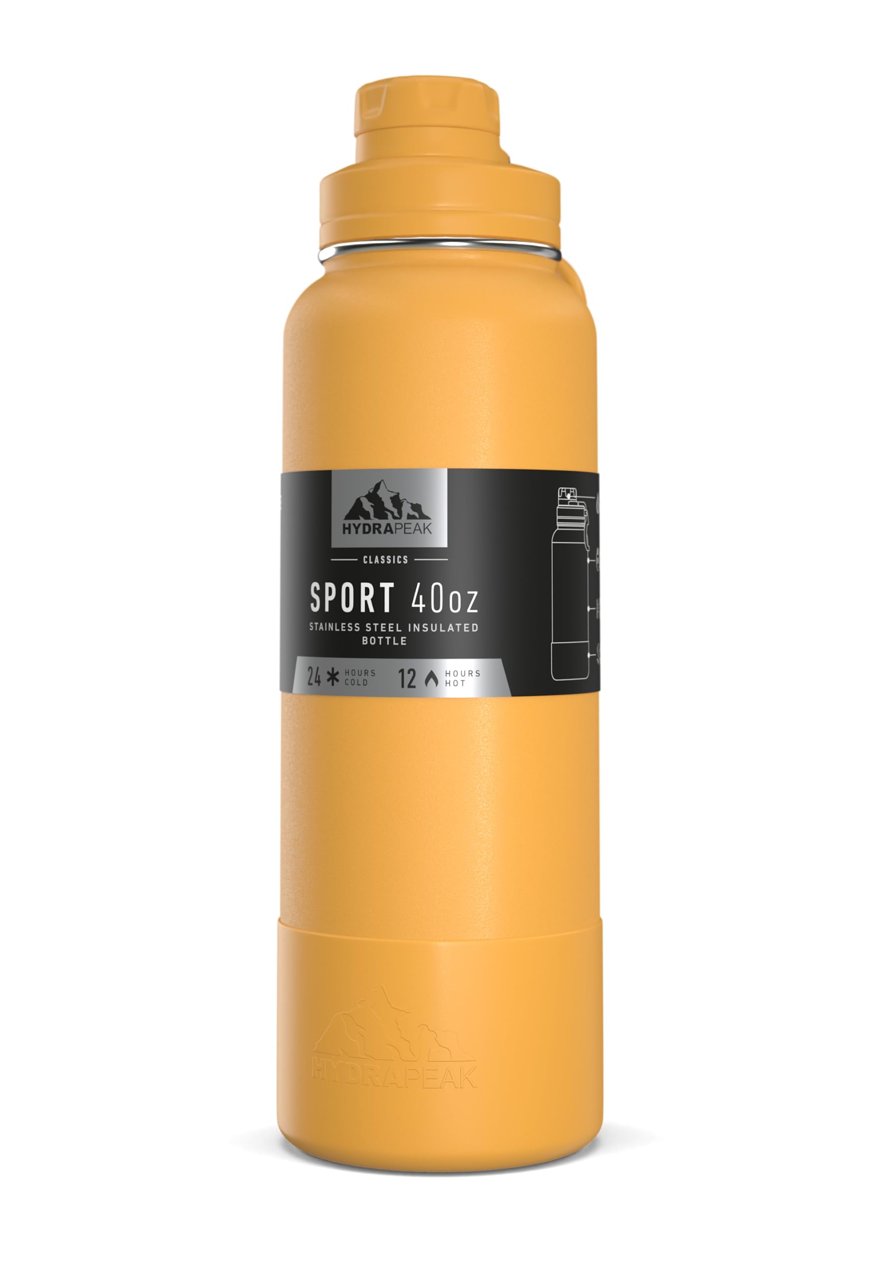Hydrapeak 40oz Sport Insulated Water Bottle Tangerine - Double Wall Stainless Steel with Chug Lid