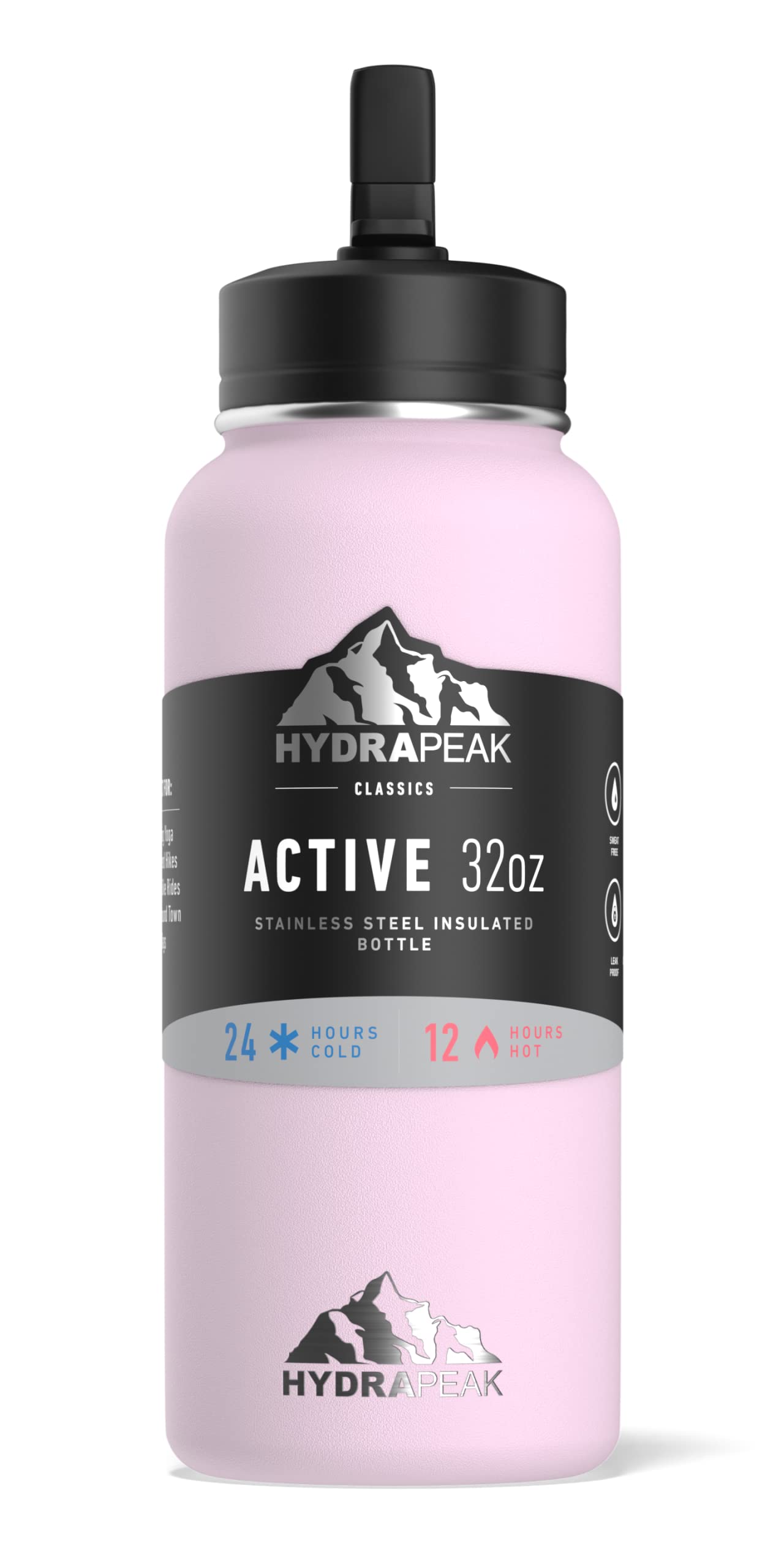 Hydrapeak 32oz Insulated Water Bottle with Straw Lid – Reusable Leak-Proof, Blush