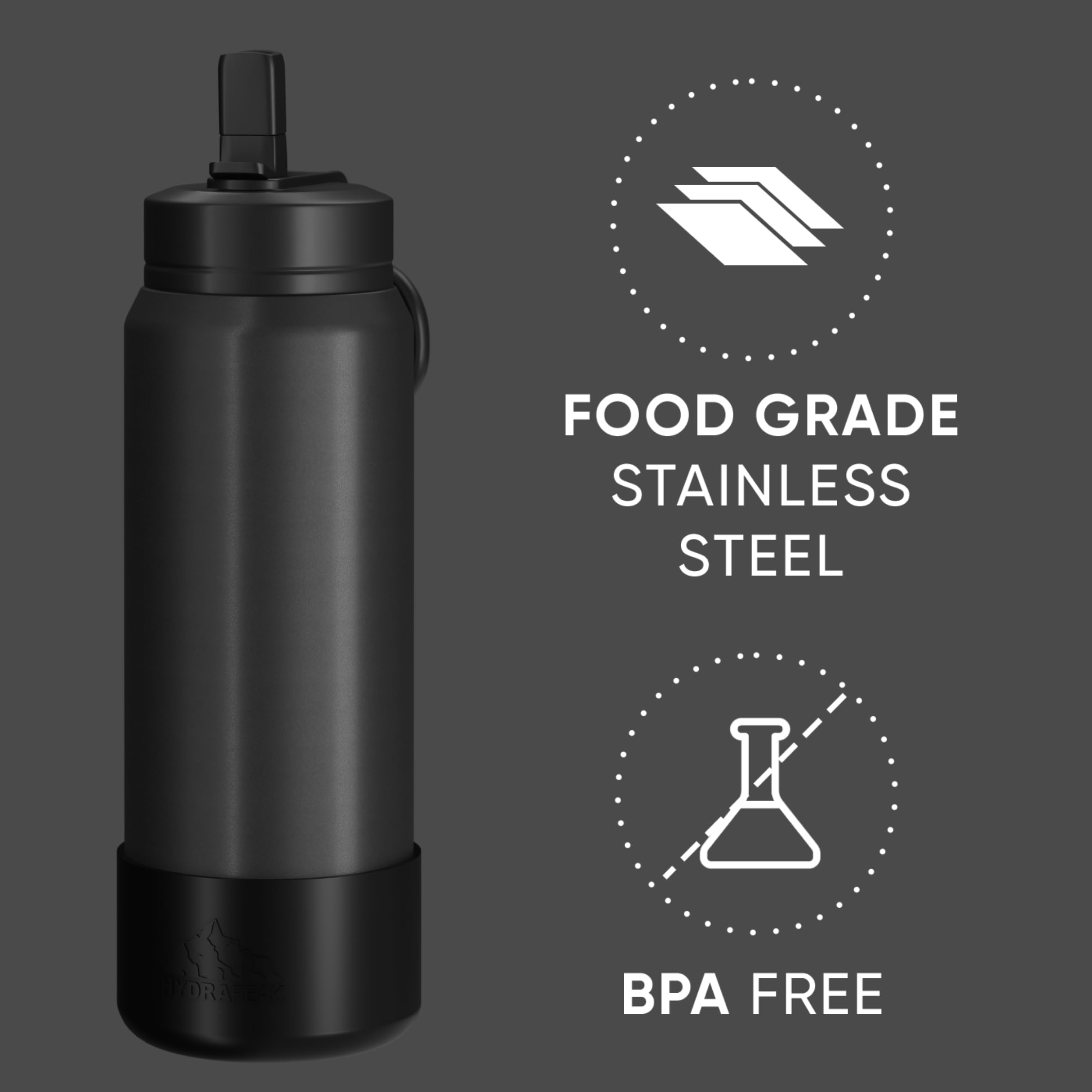 Hydrapeak 26 oz Sport Insulated Water Bottle with Straw Lid - Black - Double Walled Stainless Steel