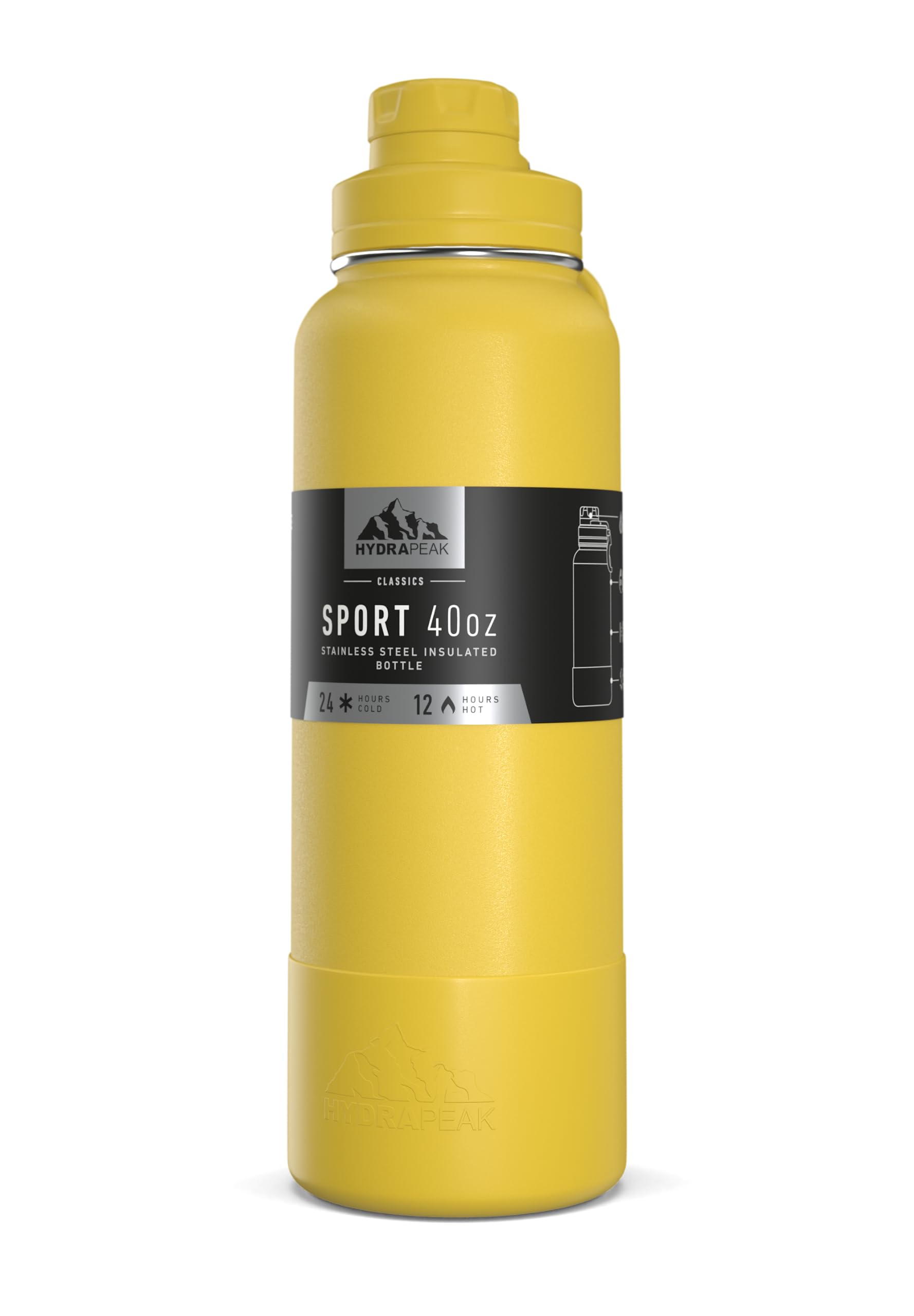 Hydrapeak 40oz Sport Insulated Water Bottle with Chug Lid - Lemon - Keeps Drinks Cold 24 Hours