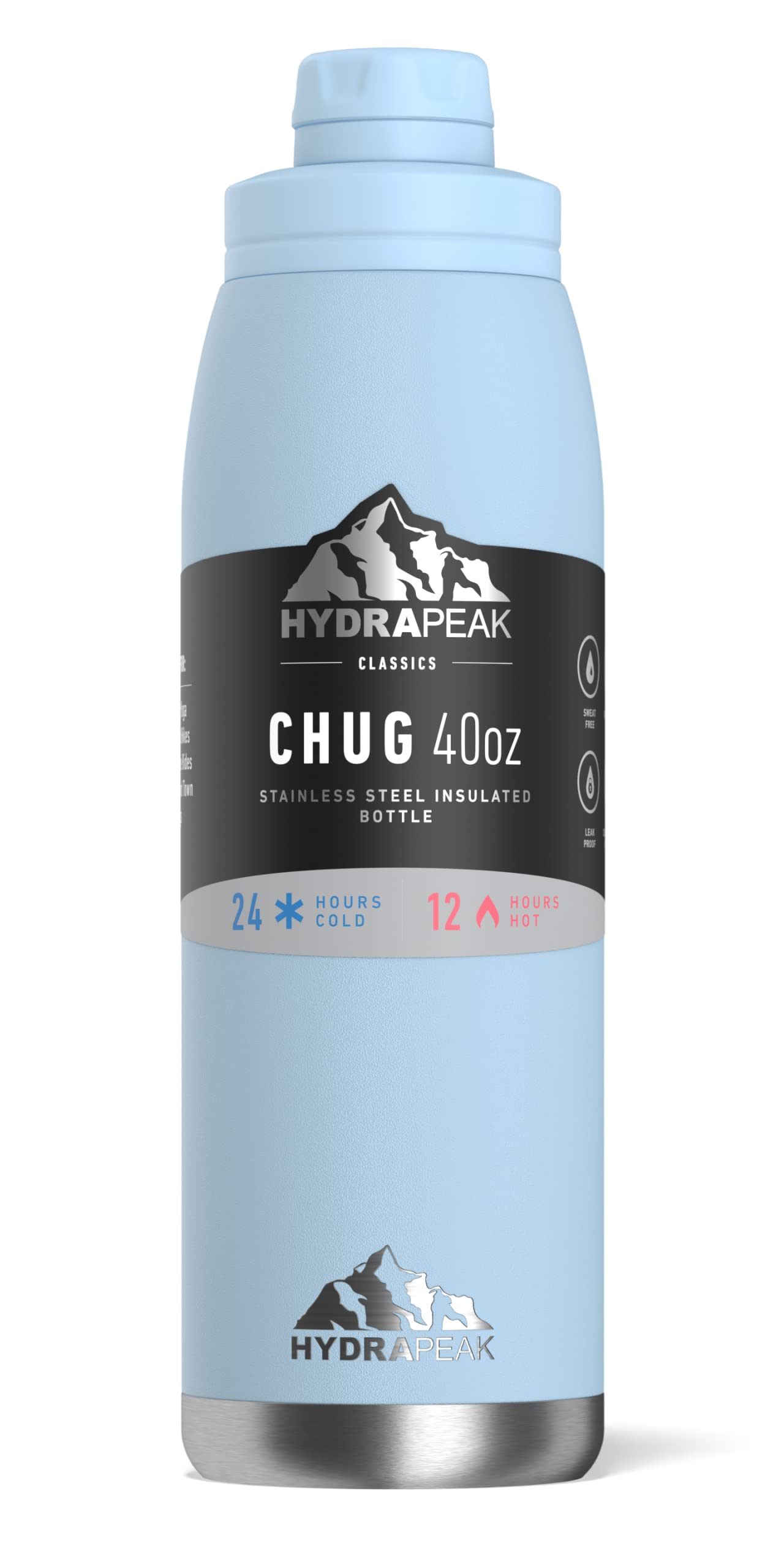 Hydrapeak 40 oz Insulated Water Bottle with Chug Lid - Leak Proof Double Walled Vacuum Stainless Steel, Cold 24