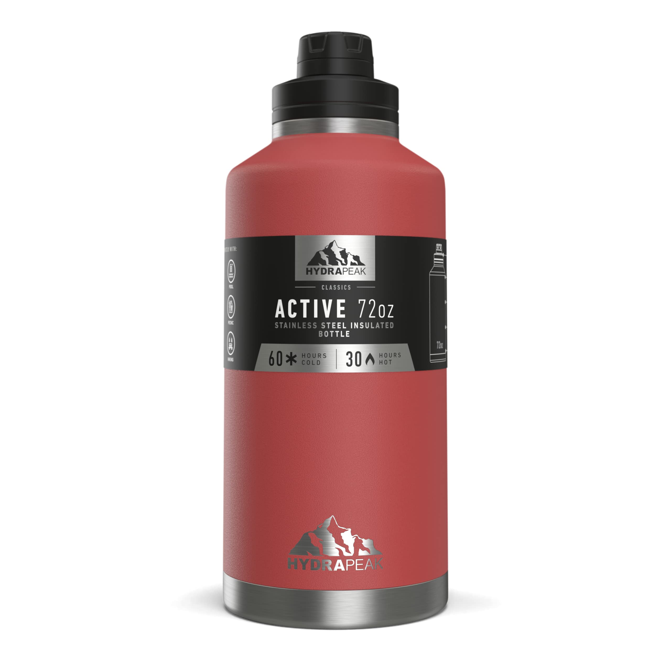 Hydrapeak 72 oz Insulated Water Bottle - Half Gallon Jug, Faded Red