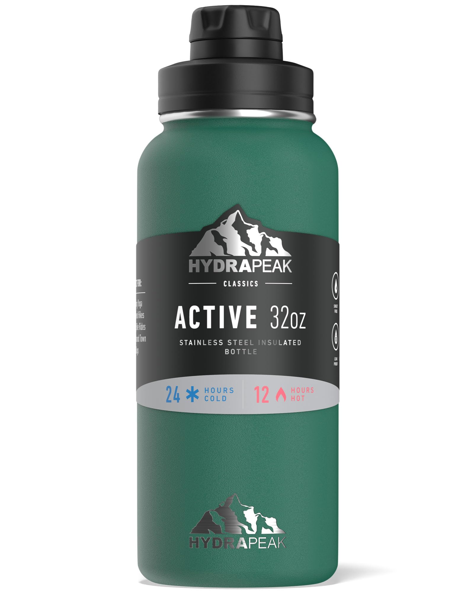 Hydrapeak Active 32oz Insulated Water Bottle - Forest Green with Chug Lid and Handle