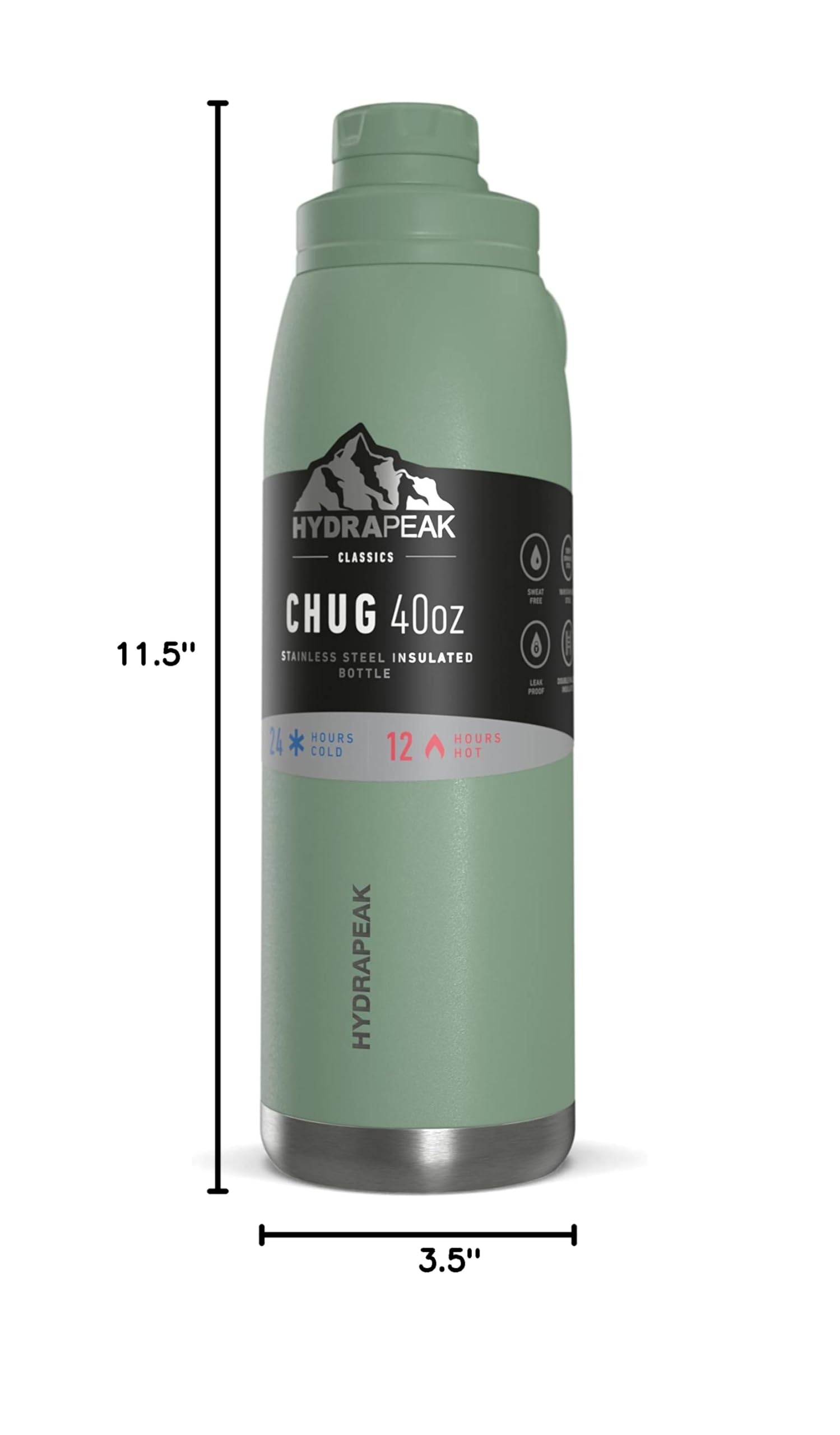Hydrapeak 40 oz Insulated Water Bottle with Chug Lid - Sage - Leak Proof Double Walled Vacuum Insulated Stainless