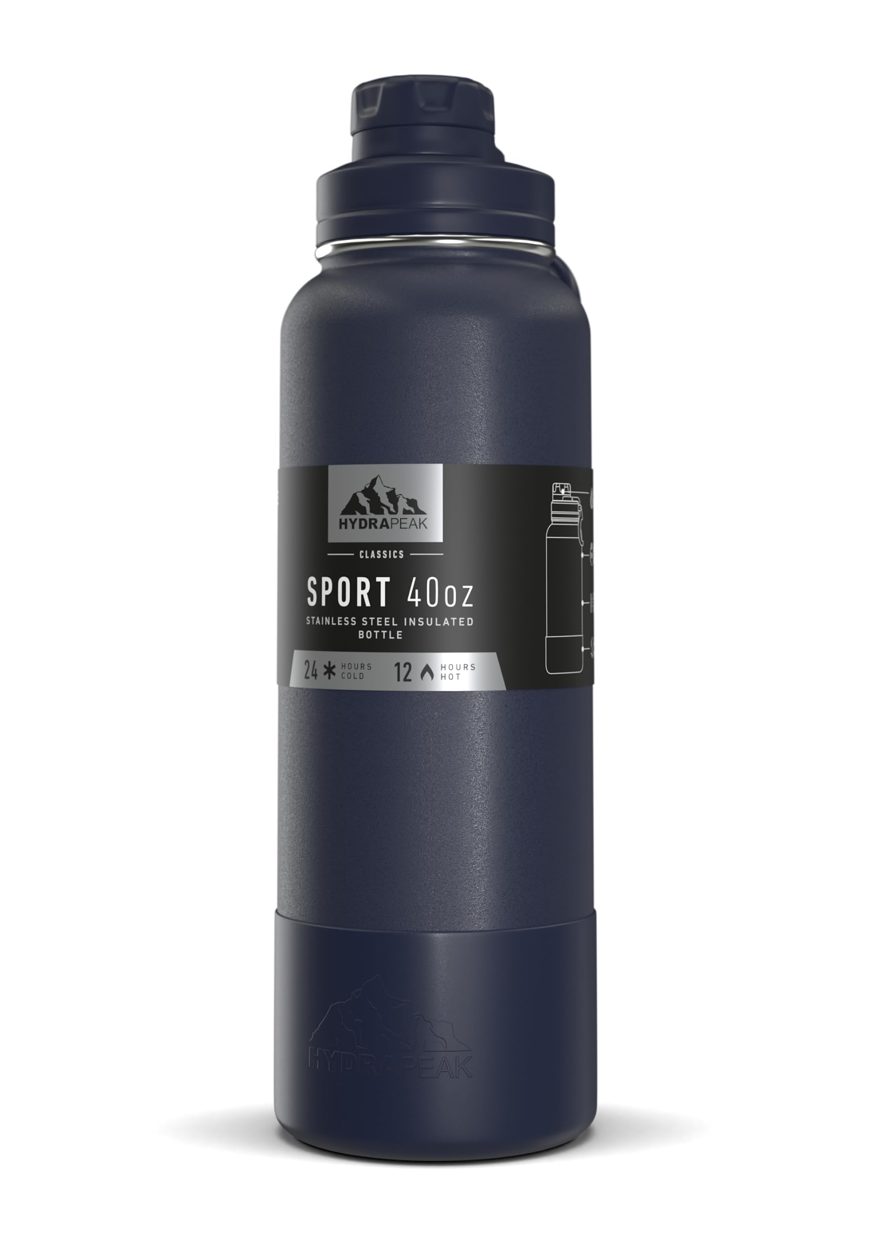 Hydrapeak 40oz Sport Insulated Water Bottle with Chug Lid, Navy, Double Wall Stainless Steel, Leak-Proof