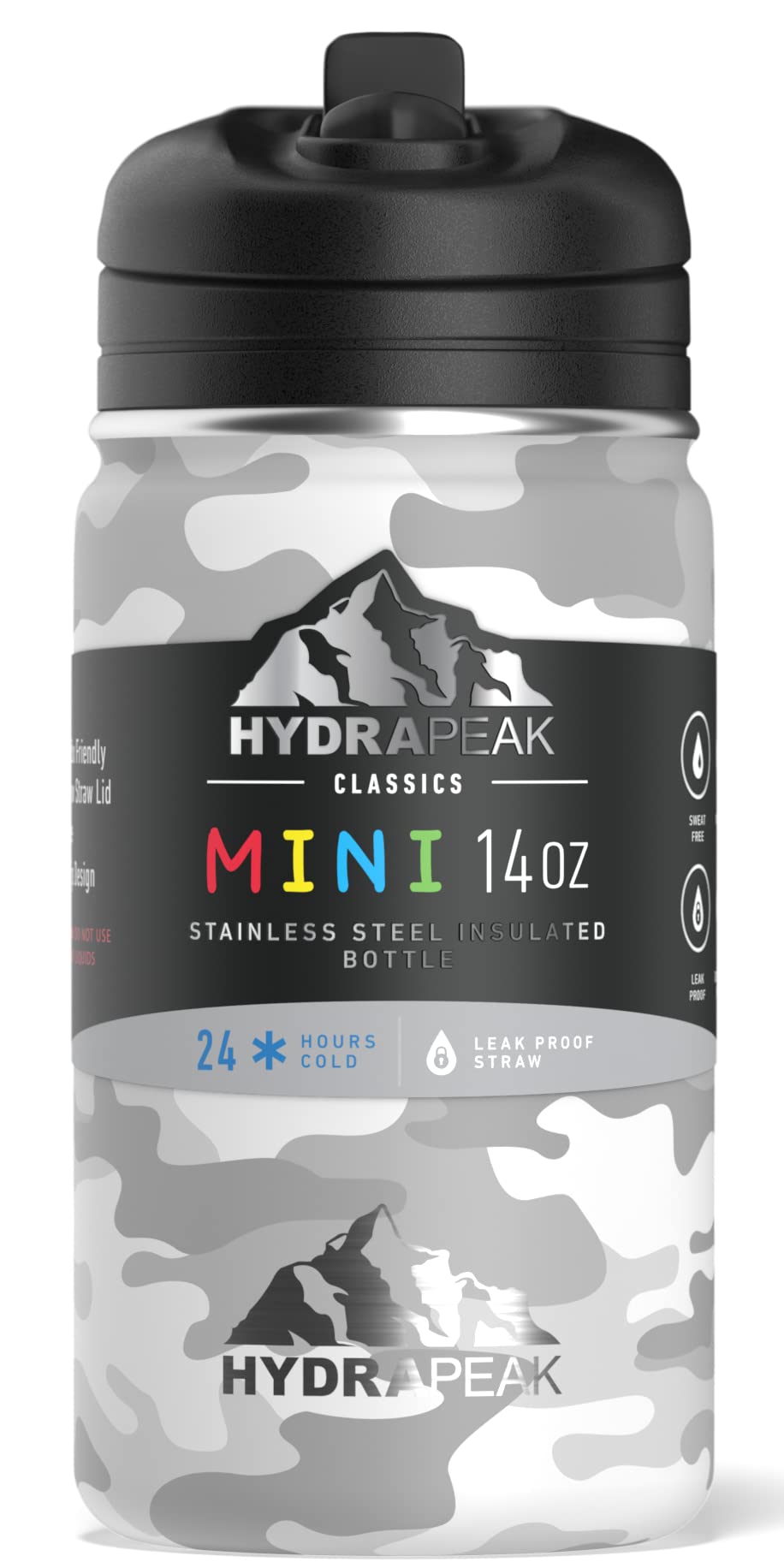 Hydrapeak Mini 14oz Insulated Kids Water Bottle with Straw Lid, White Camo, Stainless Steel Double Wall, Leak-Proof