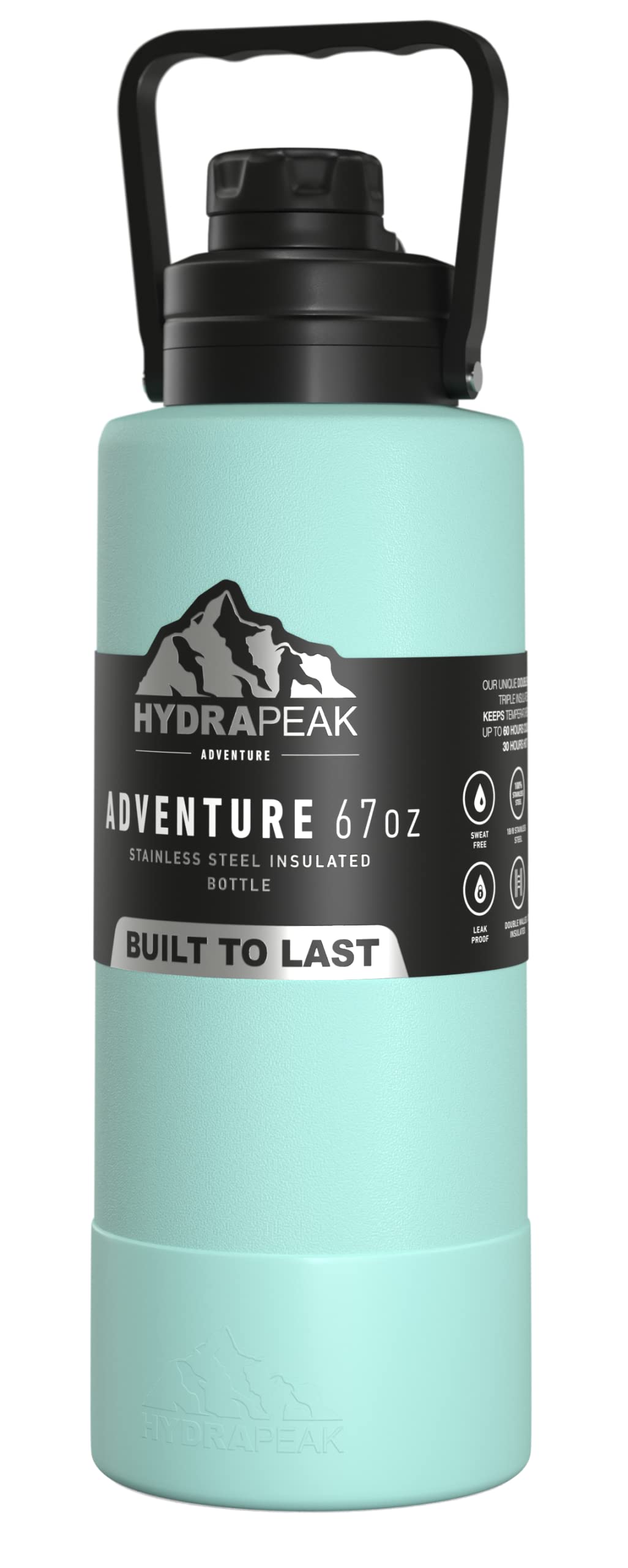 Hydrapeak Adventure 67oz Insulated Water Bottle - Half Gallon Aqua Stainless Steel Flask with Handle