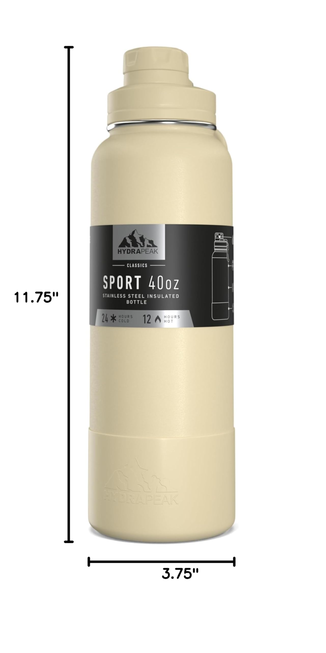 Hydrapeak 40oz Sport Insulated Water Bottle - Straw & Chug Lids, Modern Cream