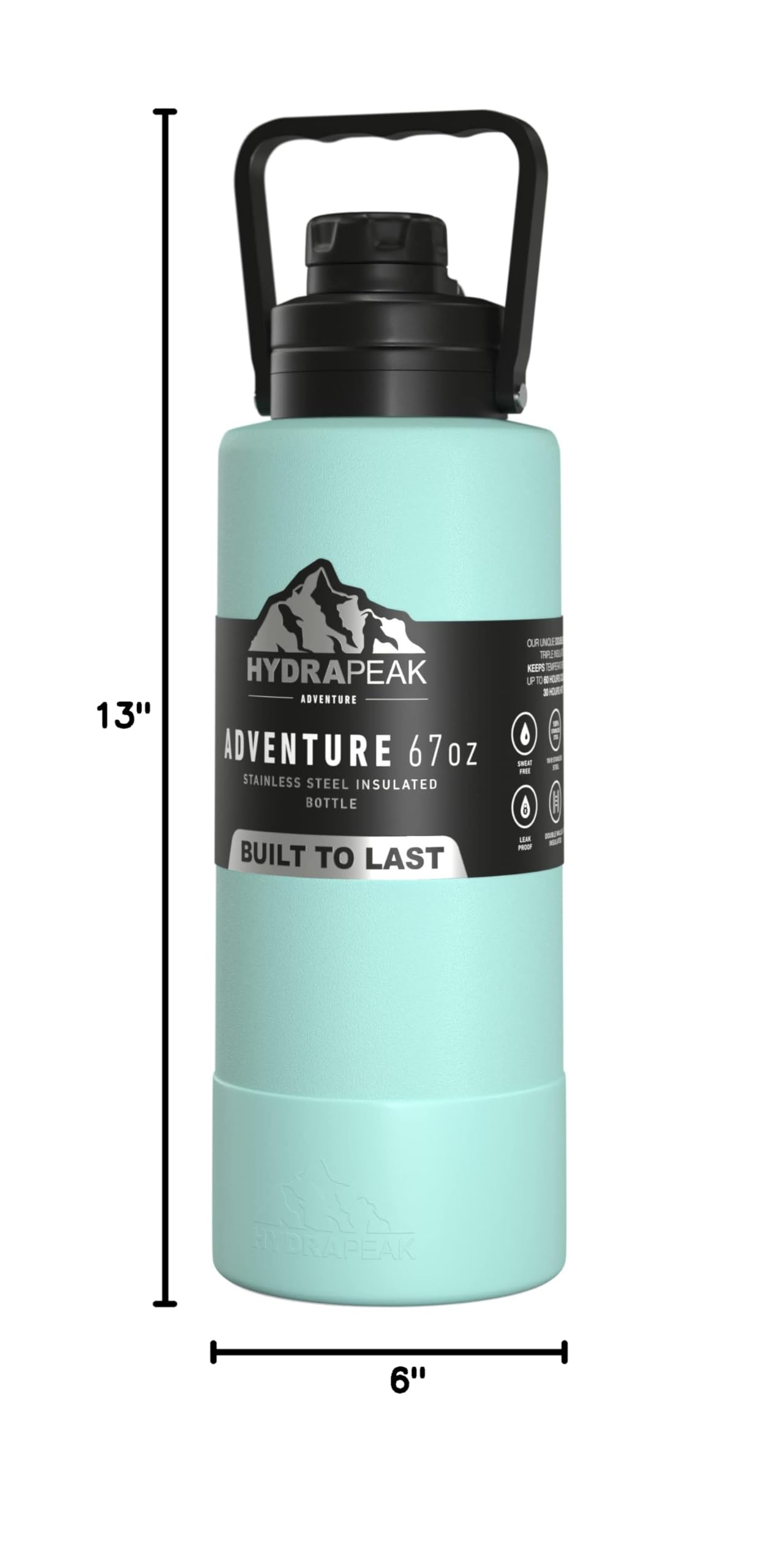 Hydrapeak Adventure 67oz Insulated Water Bottle - Half Gallon Aqua Stainless Steel Flask with Handle