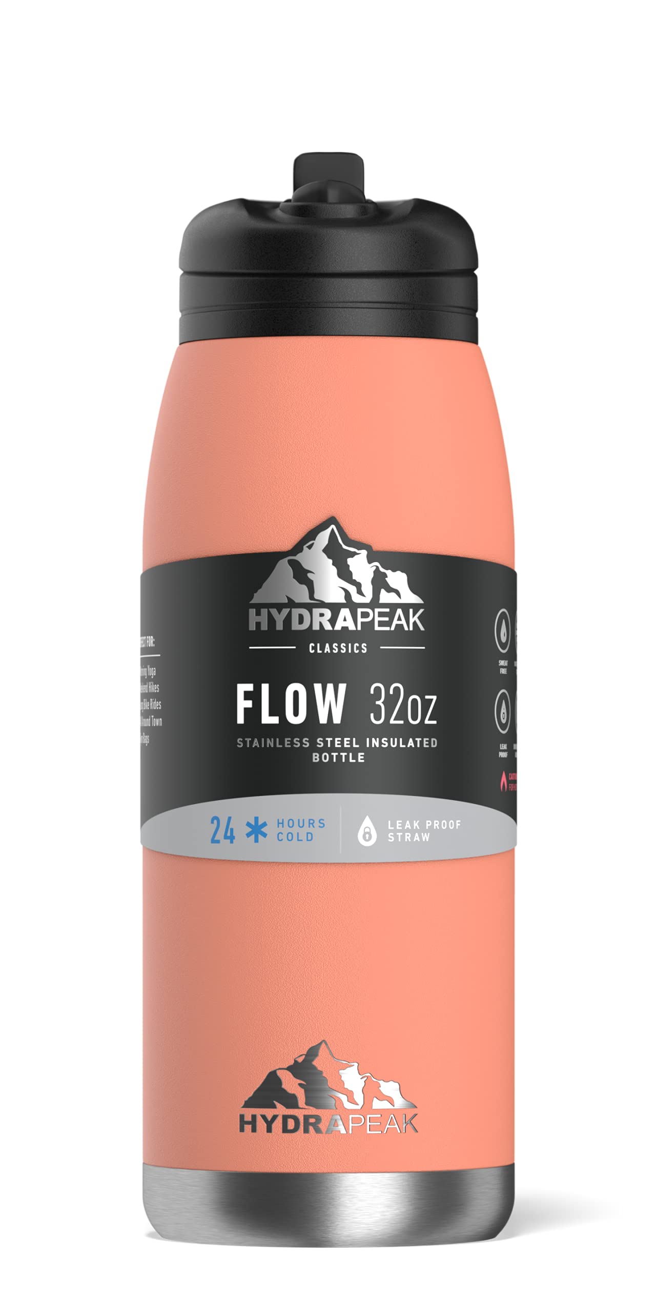 Hydrapeak Flow 32oz Insulated Water Bottle with Straw Lid - Peach, BPA-Free Stainless Steel