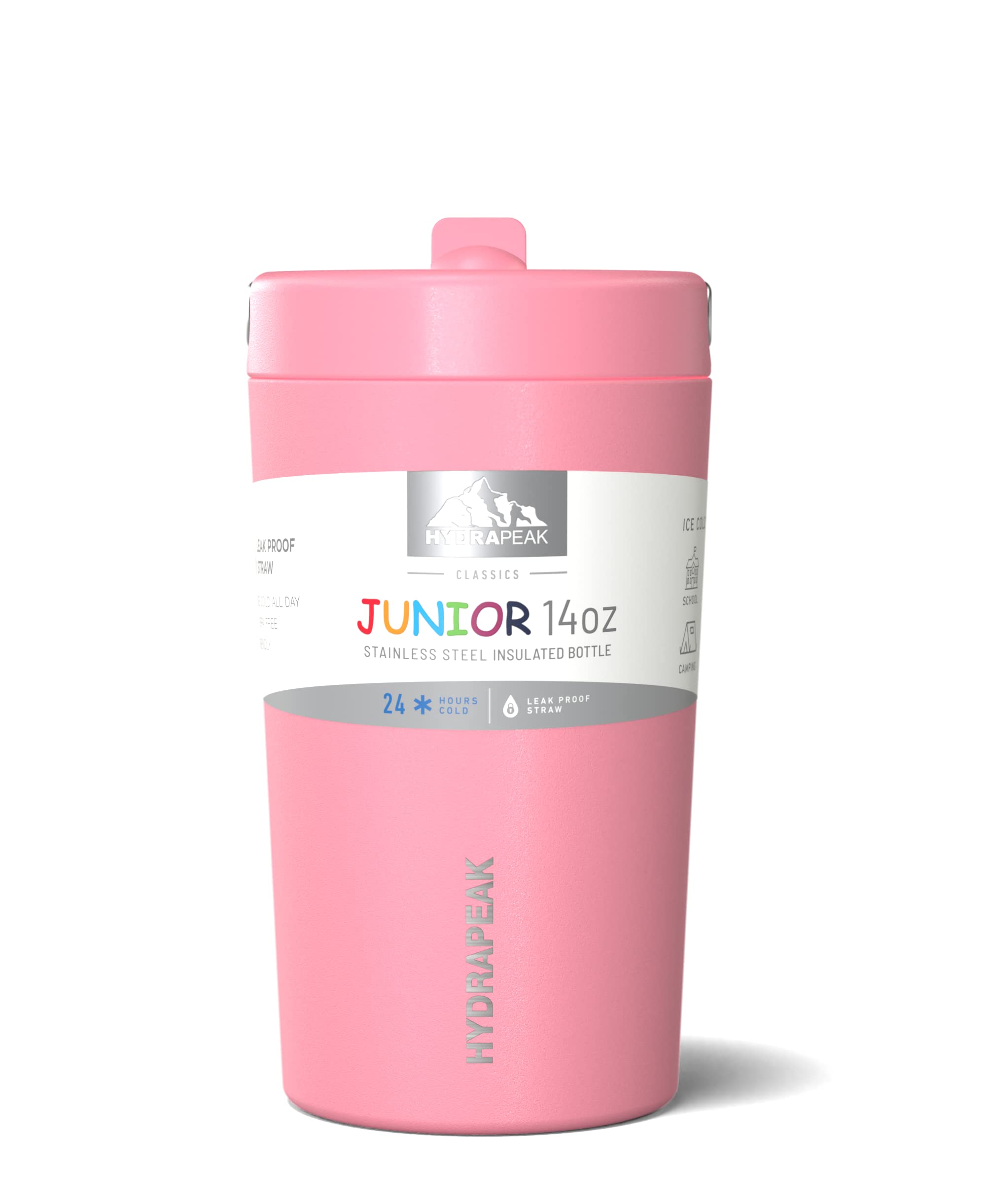 Hydrapeak Junior 14oz Insulated Kids Water Bottle with Straw Lid, Bubblegum Pink, 18/8 Stainless Steel, Leak-Proof