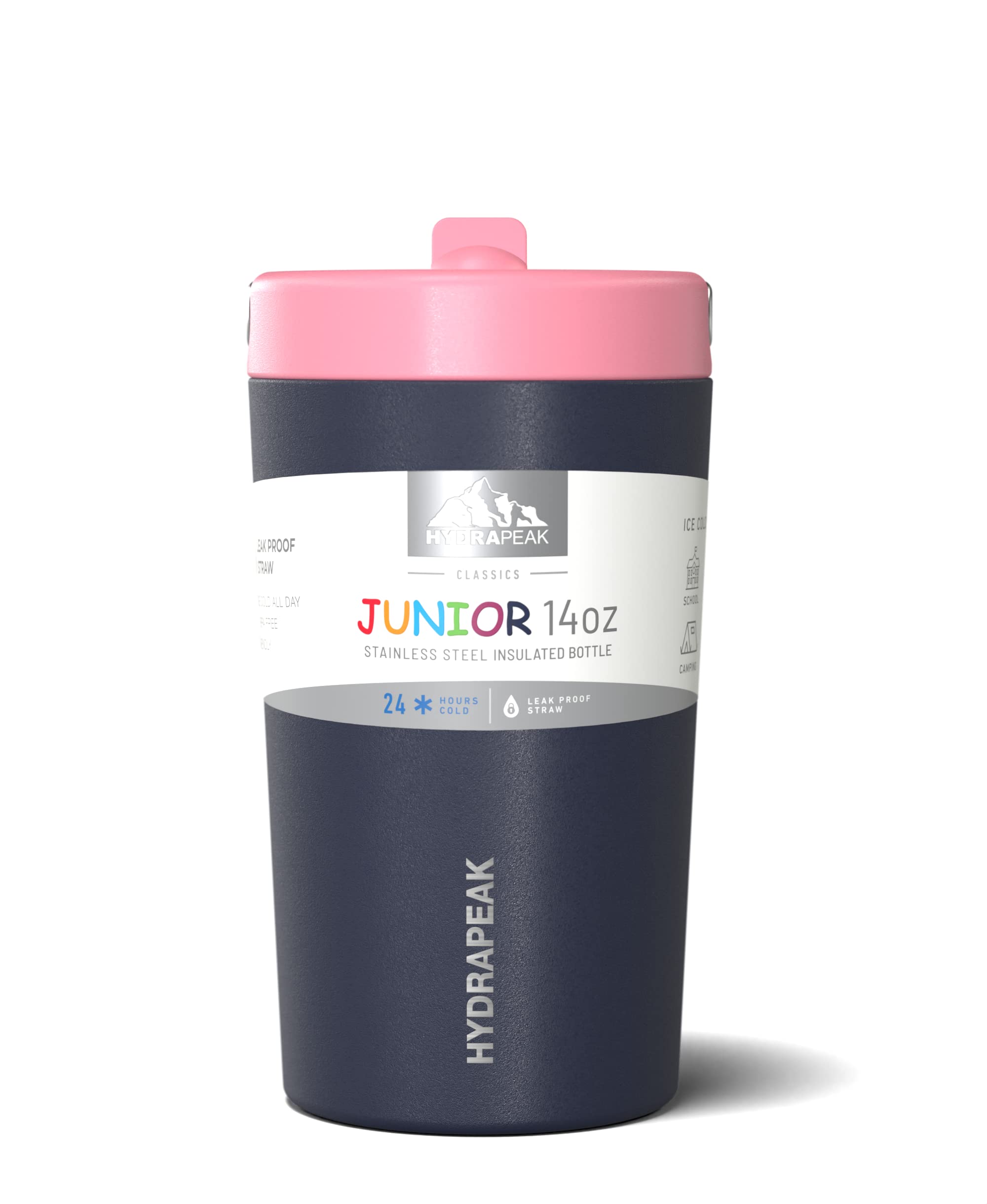Hydrapeak Junior 14oz Insulated Kids Water Bottle with Straw Lid - Stainless Steel, Leak-Proof, Navy/Bubblegum for