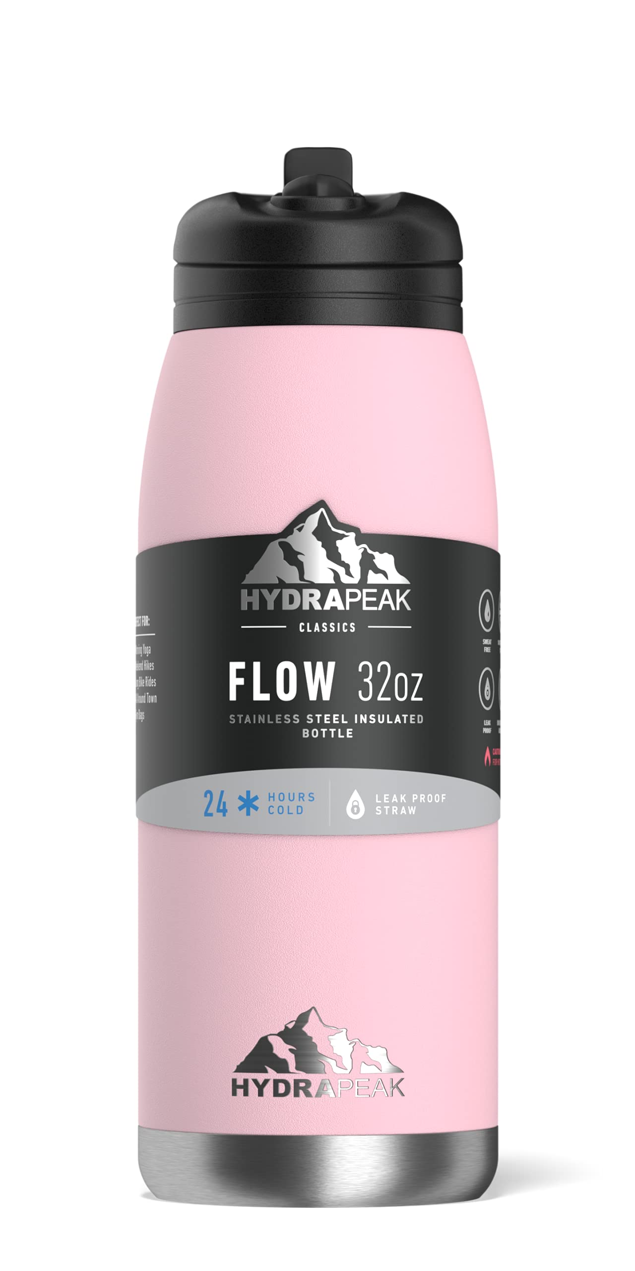 Hydrapeak Flow 32oz Insulated Water Bottle with Straw Lid – Pink, Stainless Steel, Leak-Proof