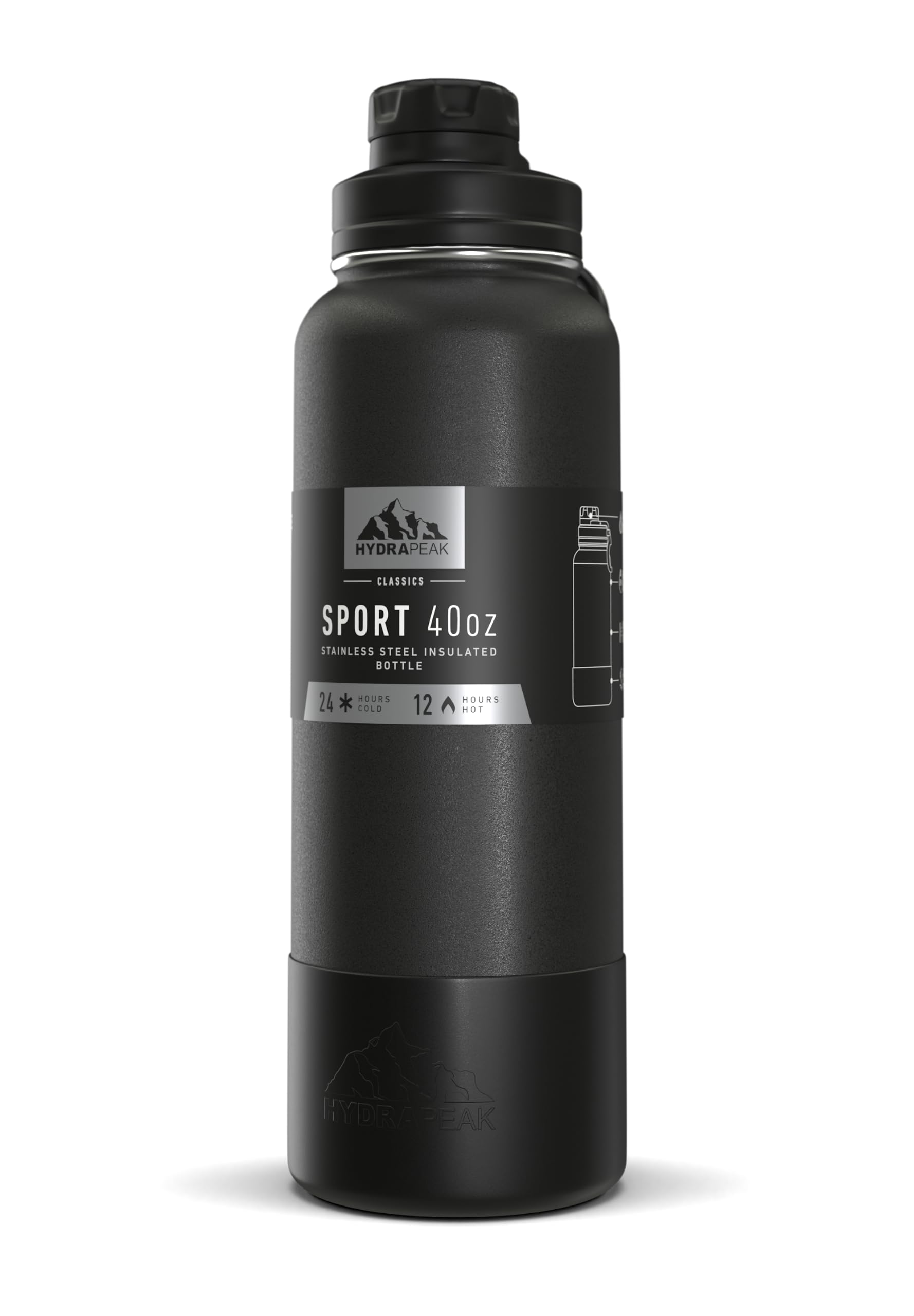 Hydrapeak 40oz Sport Insulated Water Bottle with Chug Lid – Black, Leak-Proof Stainless Steel, Heavy-Duty