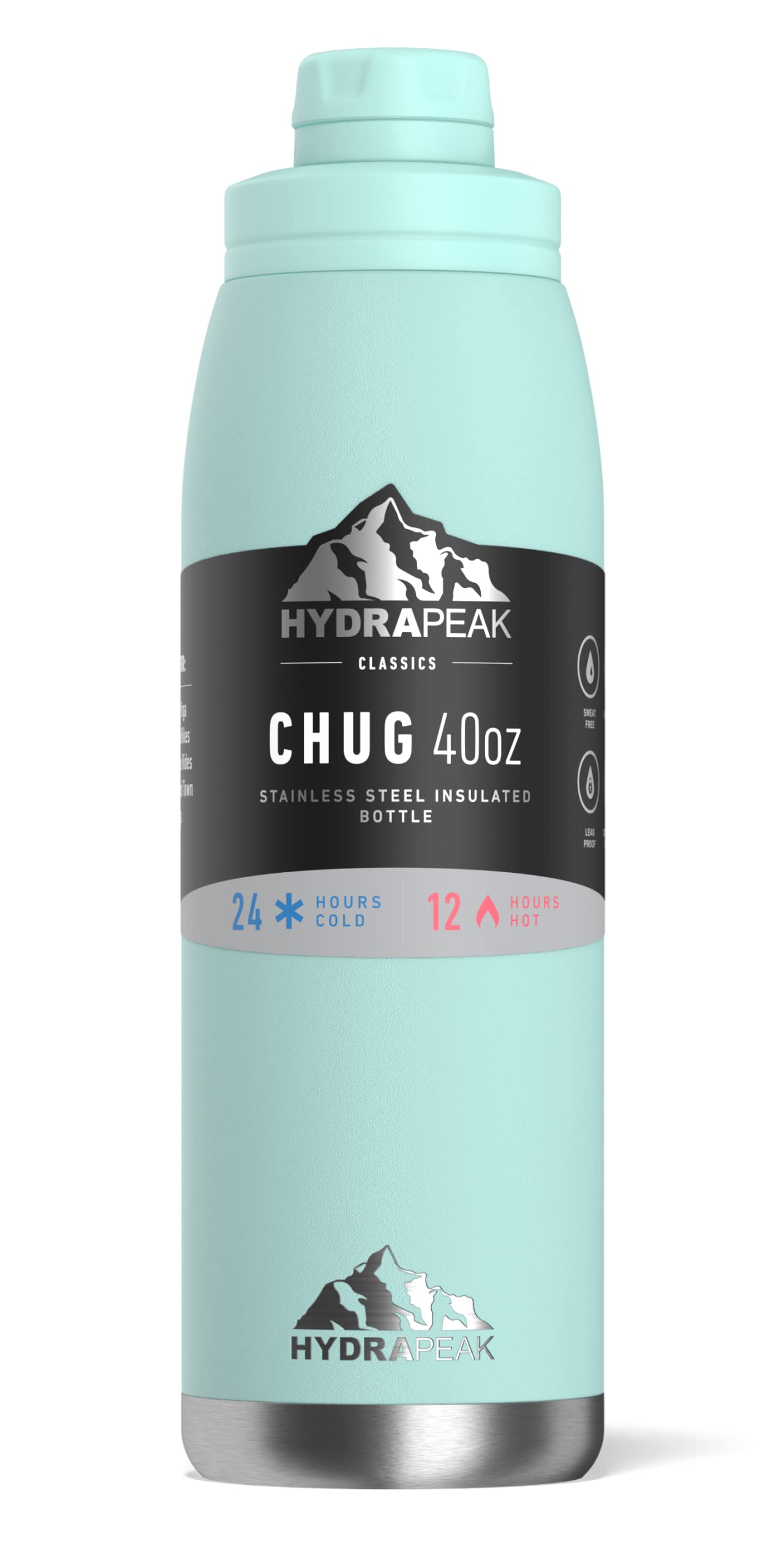 Hydrapeak 40 oz Insulated Water Bottle Chug Lid - Aqua - Leak Proof Double Wall Stainless Steel