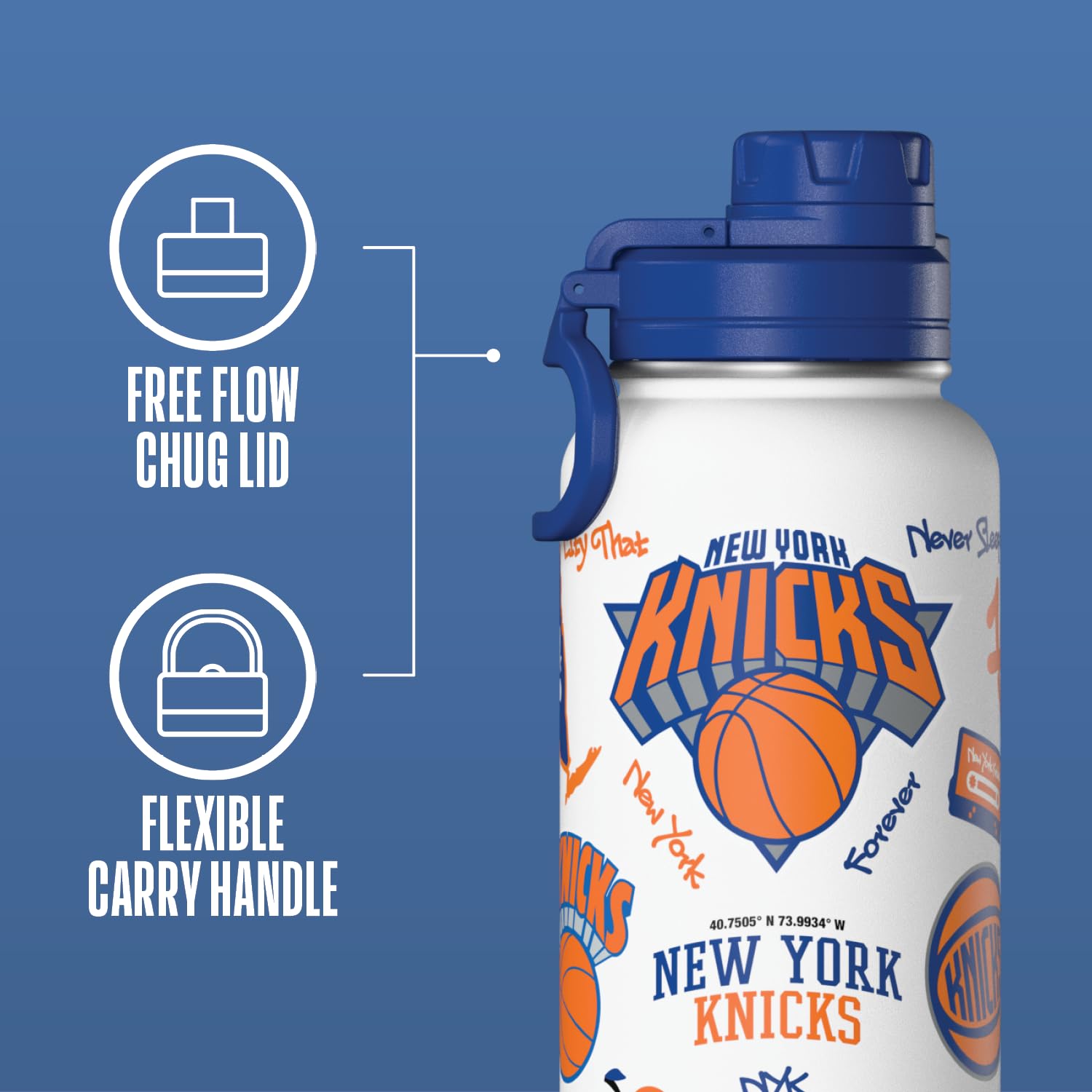 Hydrapeak New York Knicks 32oz Insulated Water Bottle – Straw Lid & Handle, Official NBA Licensed (White)