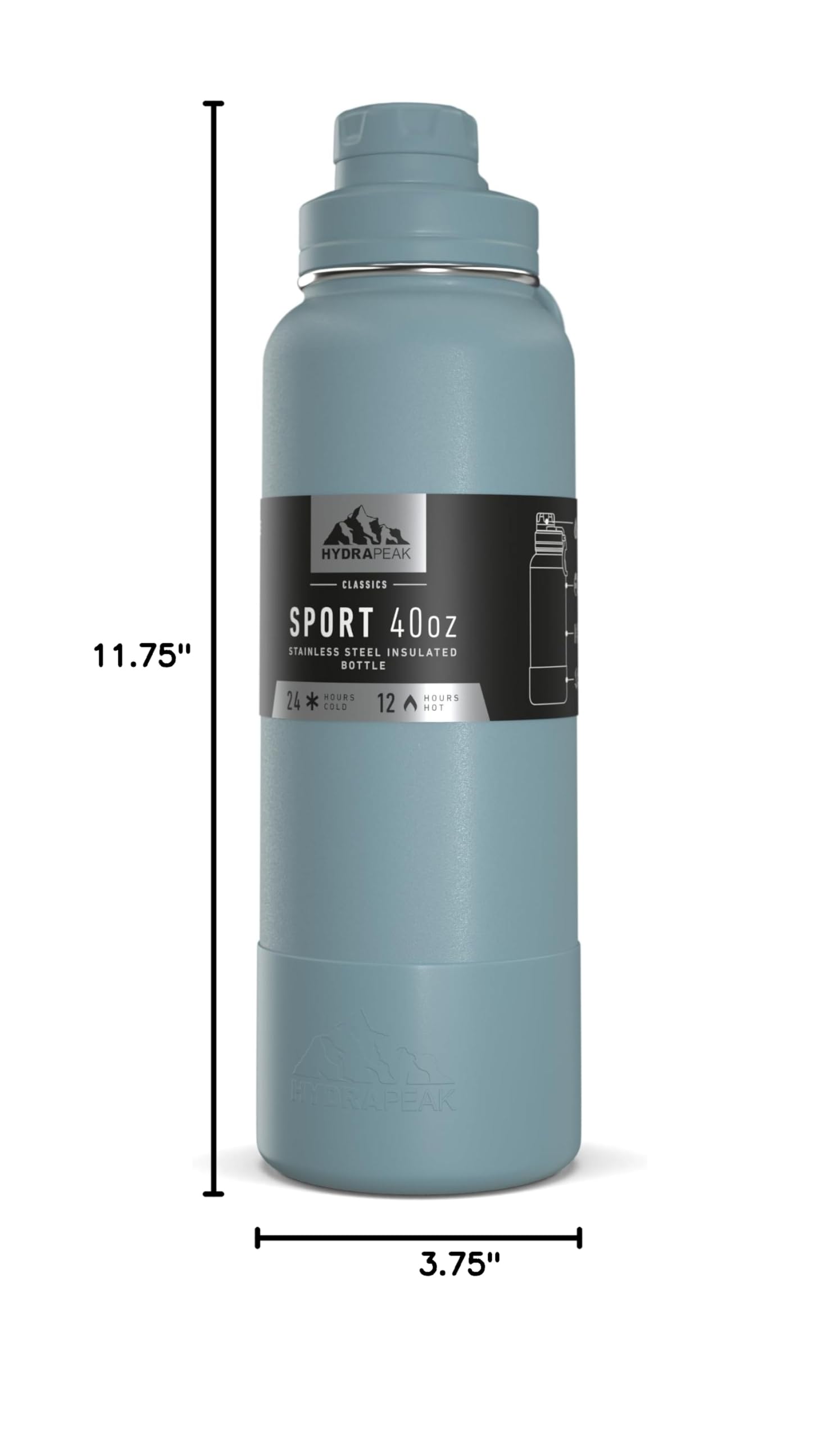 Hydrapeak 40oz Sport Insulated Water Bottle with Chug Lid, Premium Stainless Steel, Leak-Proof, Keeps Cold 24