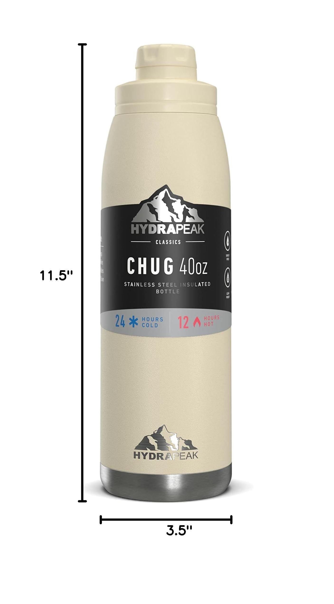 Hydrapeak 40 oz Insulated Water Bottle Chug Lid - Modern Cream - Leak Proof Vacuum Stainless Steel