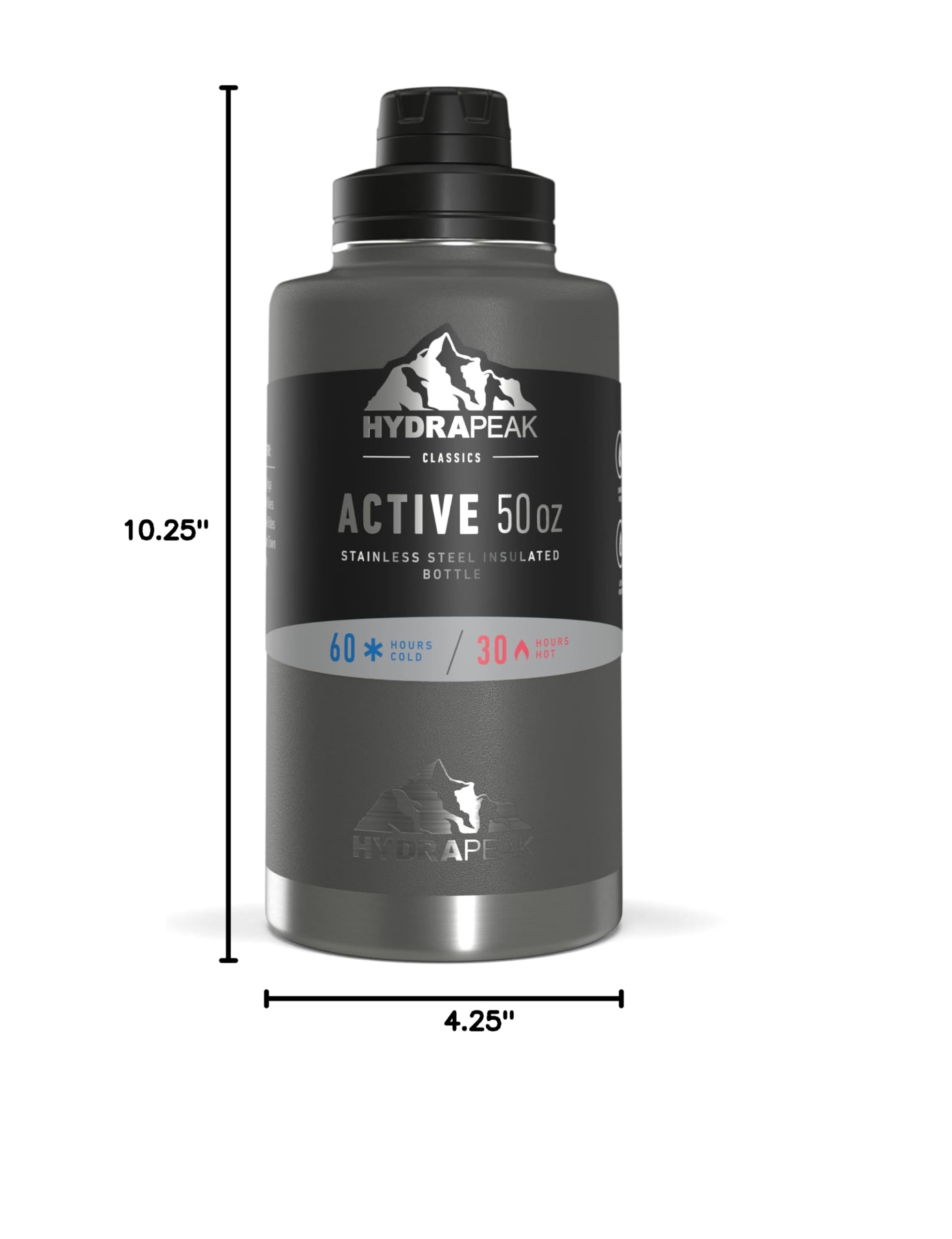 Hydrapeak 50oz Insulated Water Bottle Graphite - Leakproof Stainless Steel Flask