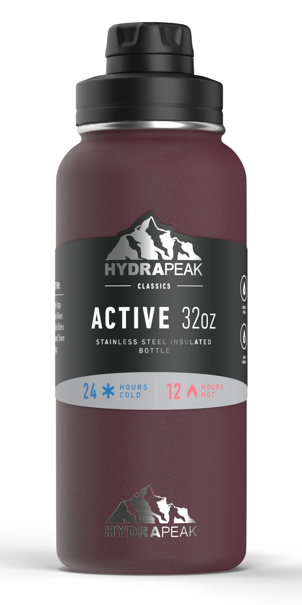 Hydrapeak 32oz Insulated Water Bottle with Chug Lid, Aubergine, Handle