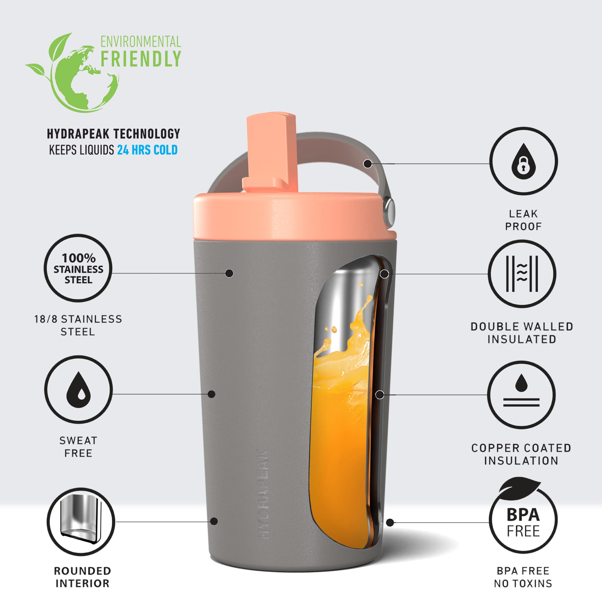 Hydrapeak Junior 14oz Insulated Kids Water Bottle - Grey/Peach, Leak-Proof Straw Lid