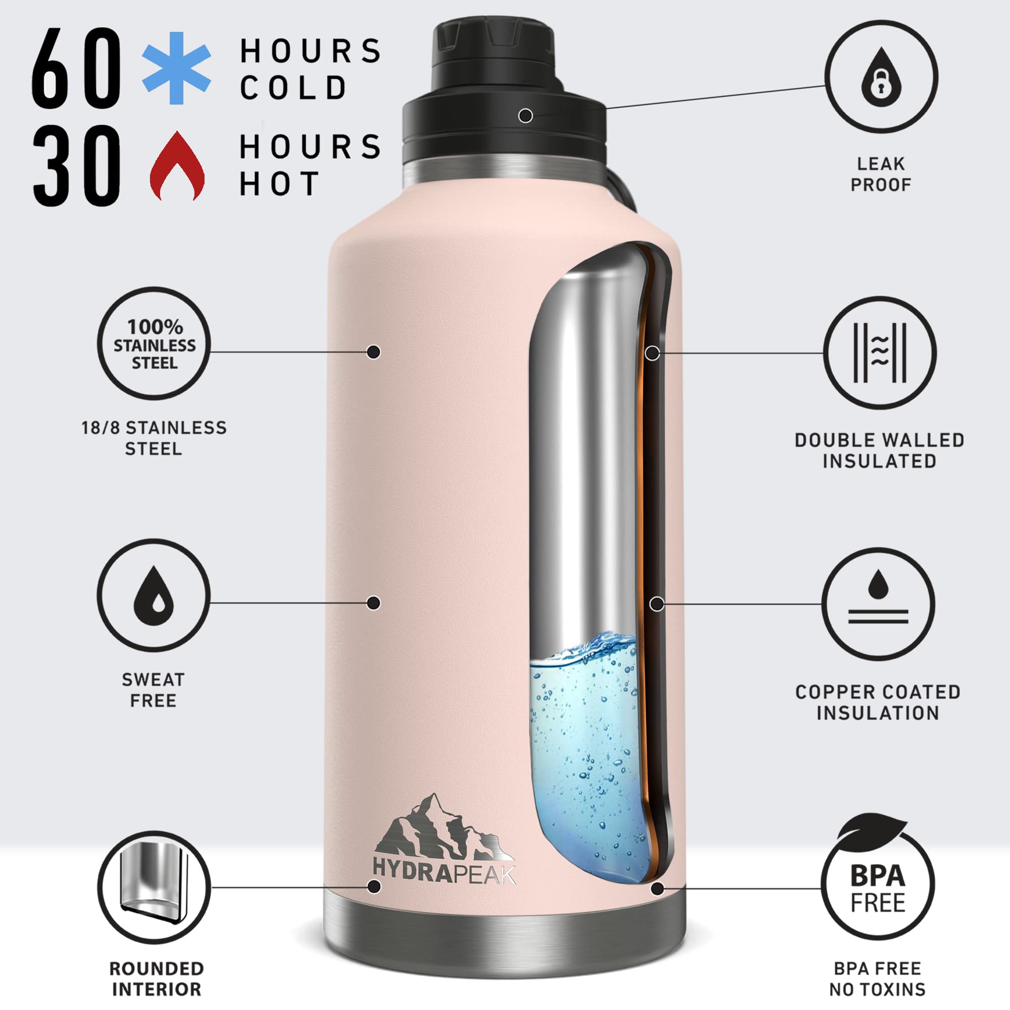 Hydrapeak 72 oz Insulated Water Bottle, Seashell Finish, Leak-Proof Half-Gallon Jug