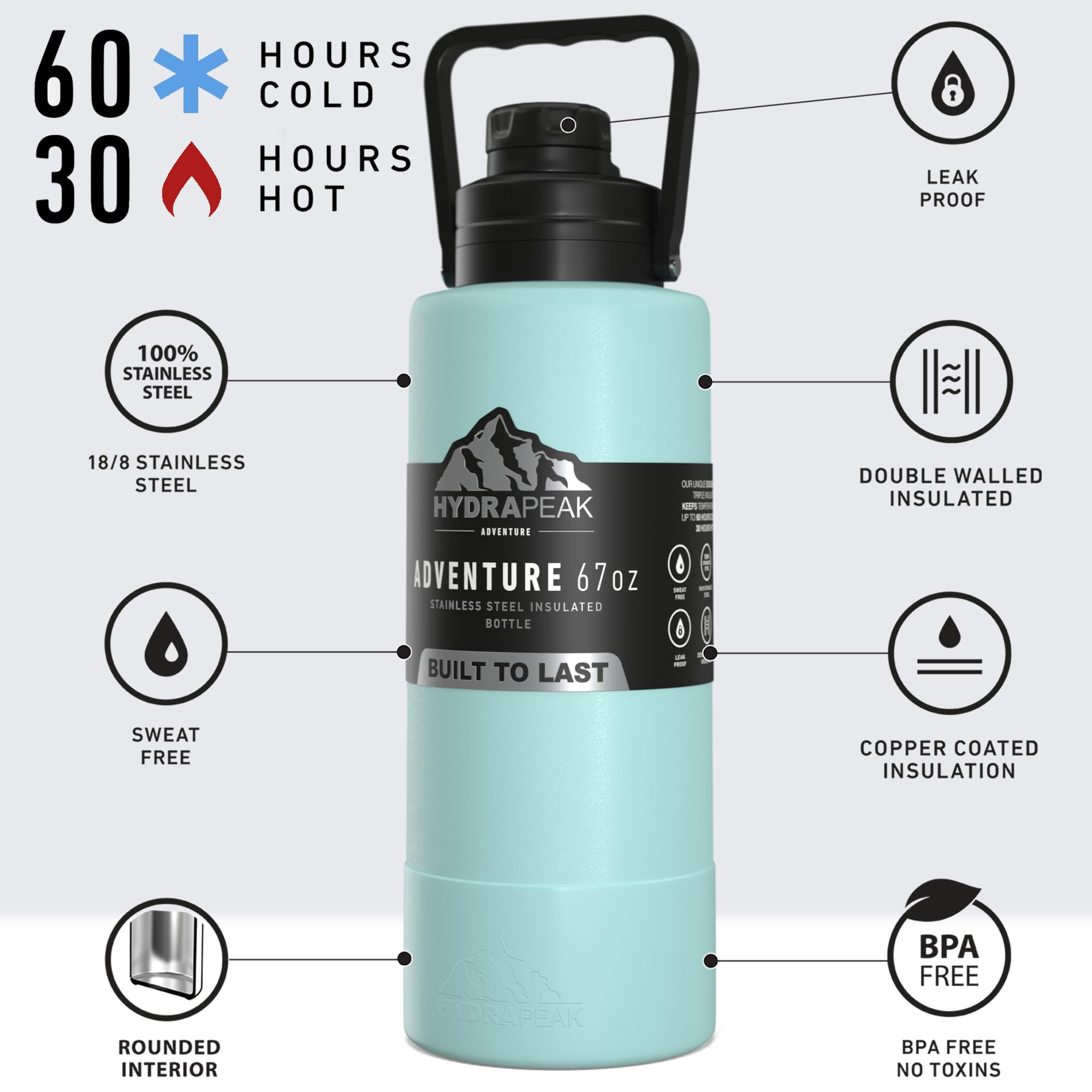 Hydrapeak Adventure 67oz Insulated Water Bottle - Alpine Green Half Gallon Canteen