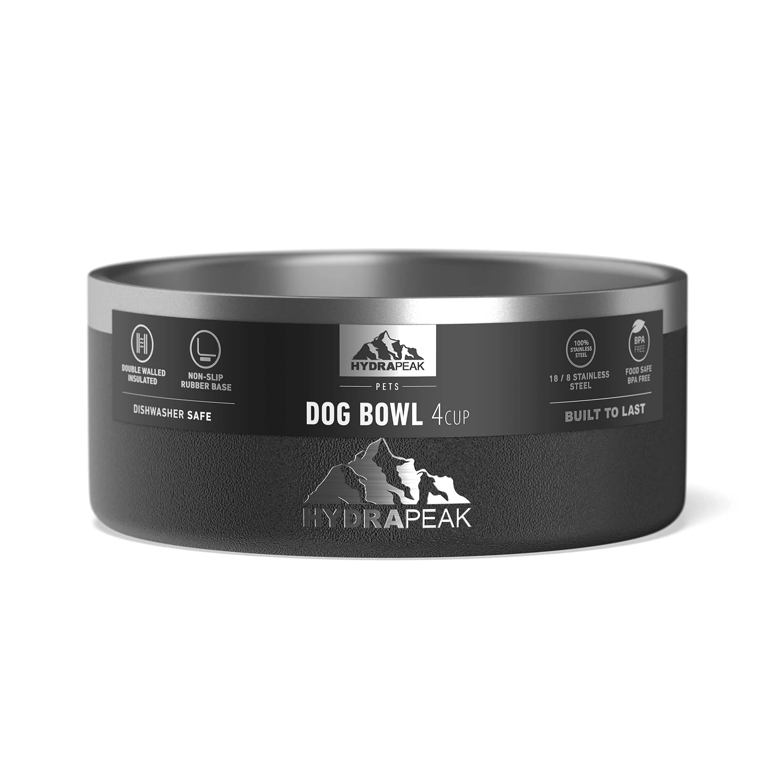 Hydrapeak Dog Bowl 4 Cup - Non-Slip Stainless Steel, Insulated Water and Food Dish for Small Dogs, Black