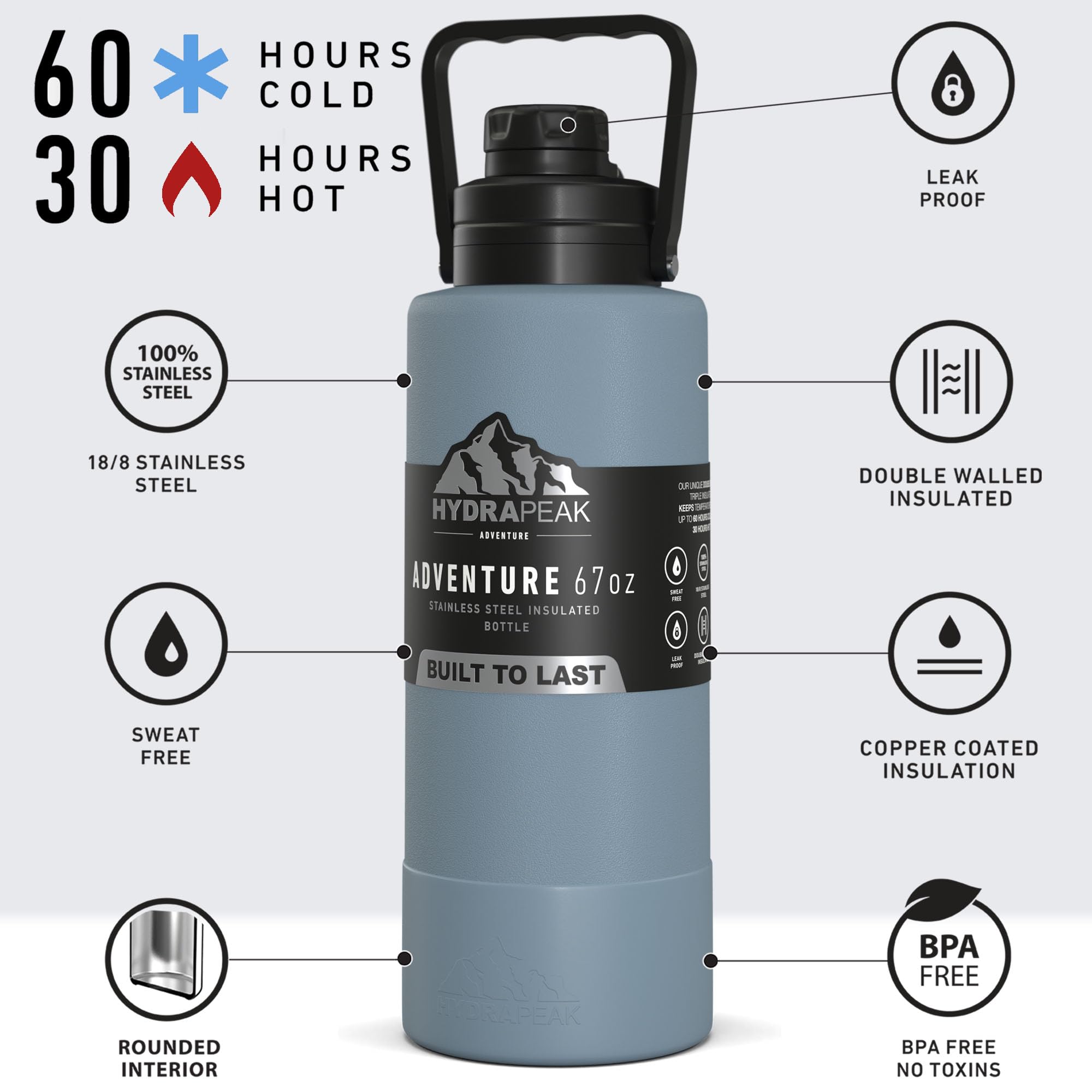 Hydrapeak Adventure 67oz Insulated Water Bottle - Storm Gray Half Gallon Canteen
