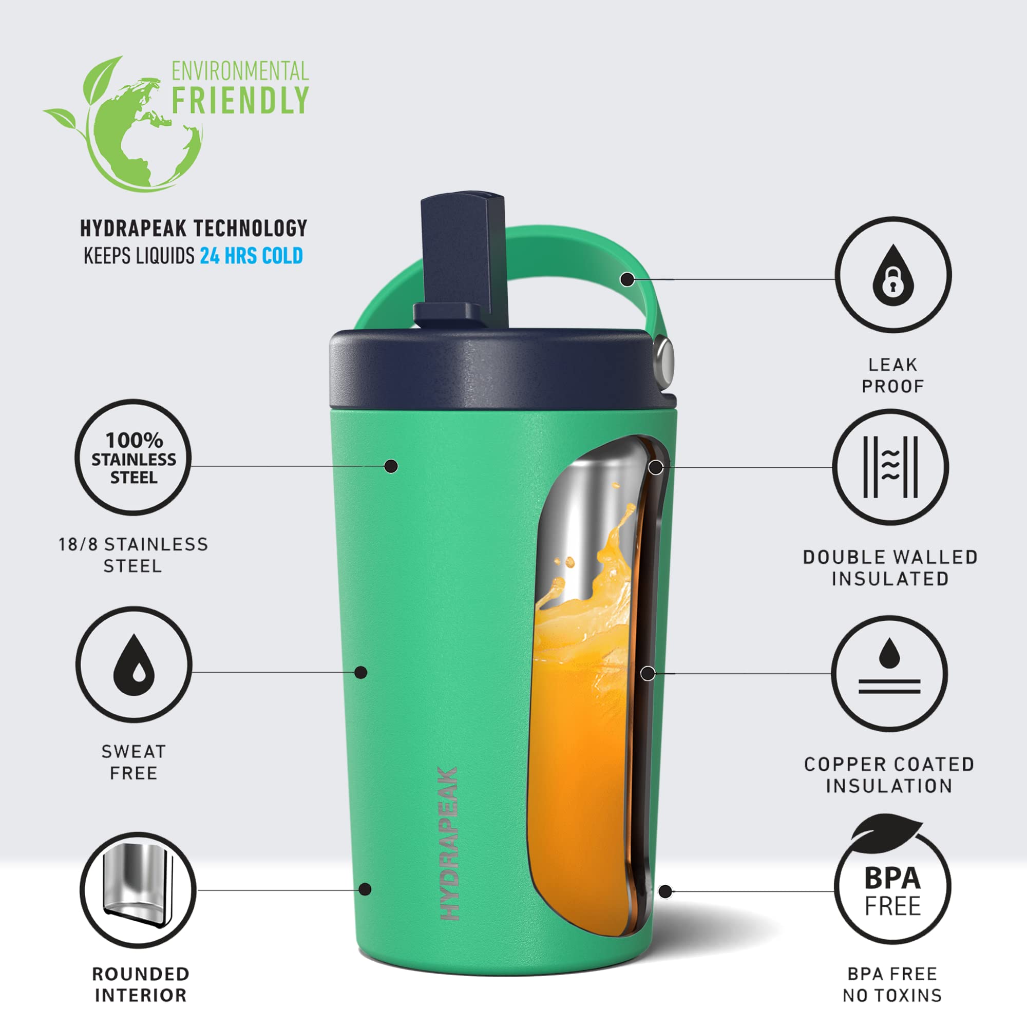 Hydrapeak Junior 14oz Insulated Kids Water Bottle with Straw Lid - Stainless Steel Double-Walled and Leak-Proof