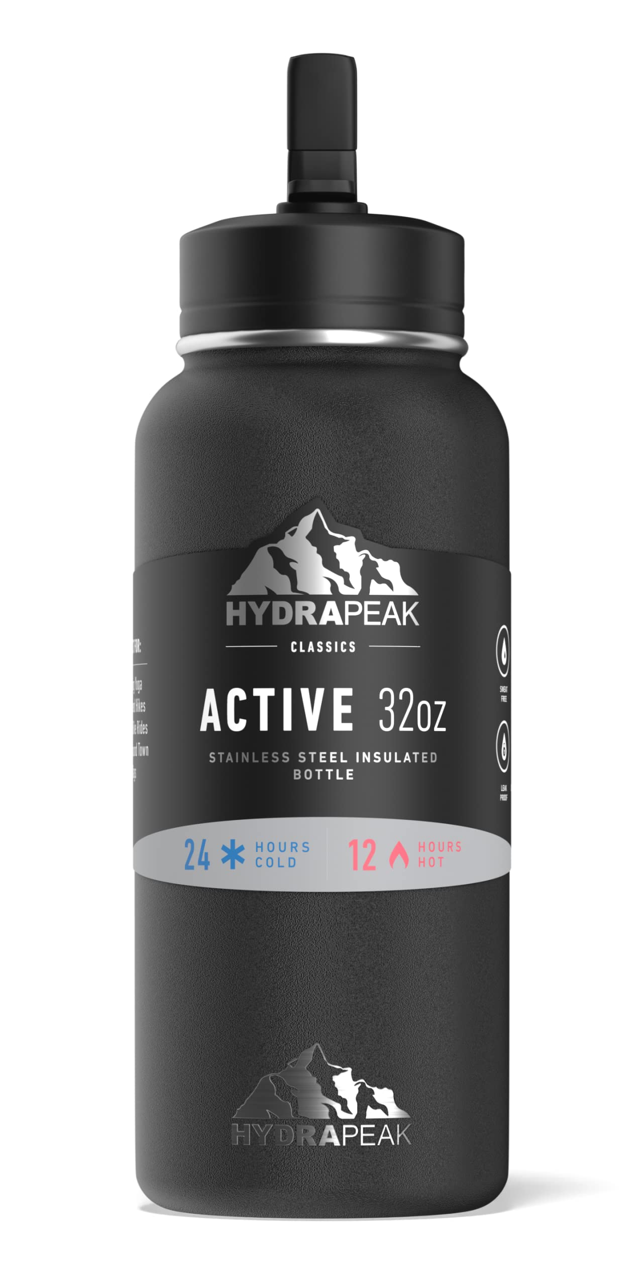 Hydrapeak 32 oz Insulated Water Bottle with Straw Lid - Black, Double-Walled Stainless Steel, Leak-Proof