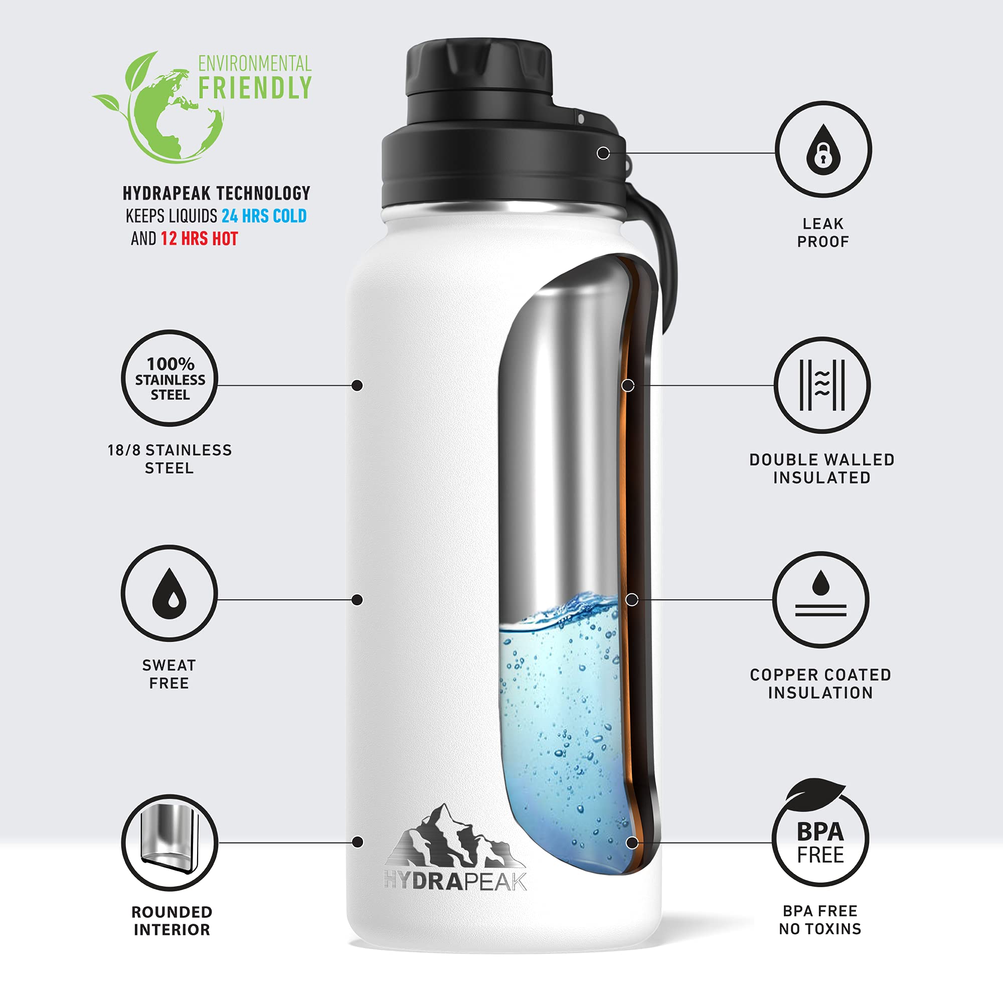 Hydrapeak 32oz Insulated Water Bottle with Straw Lid - Leak-Proof Stainless Steel, Double-Wall Vacuum, White