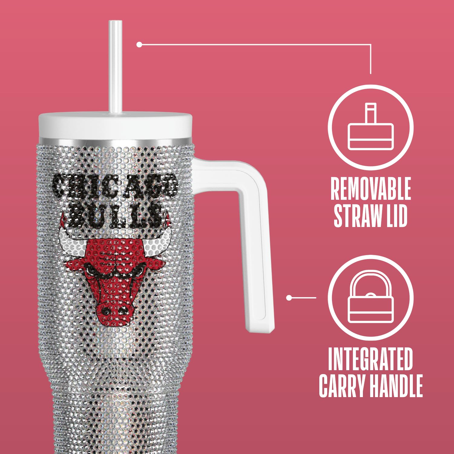 Hydrapeak Chicago Bulls Officially Licensed 40oz Rhinestone Bling Tumbler with Handle