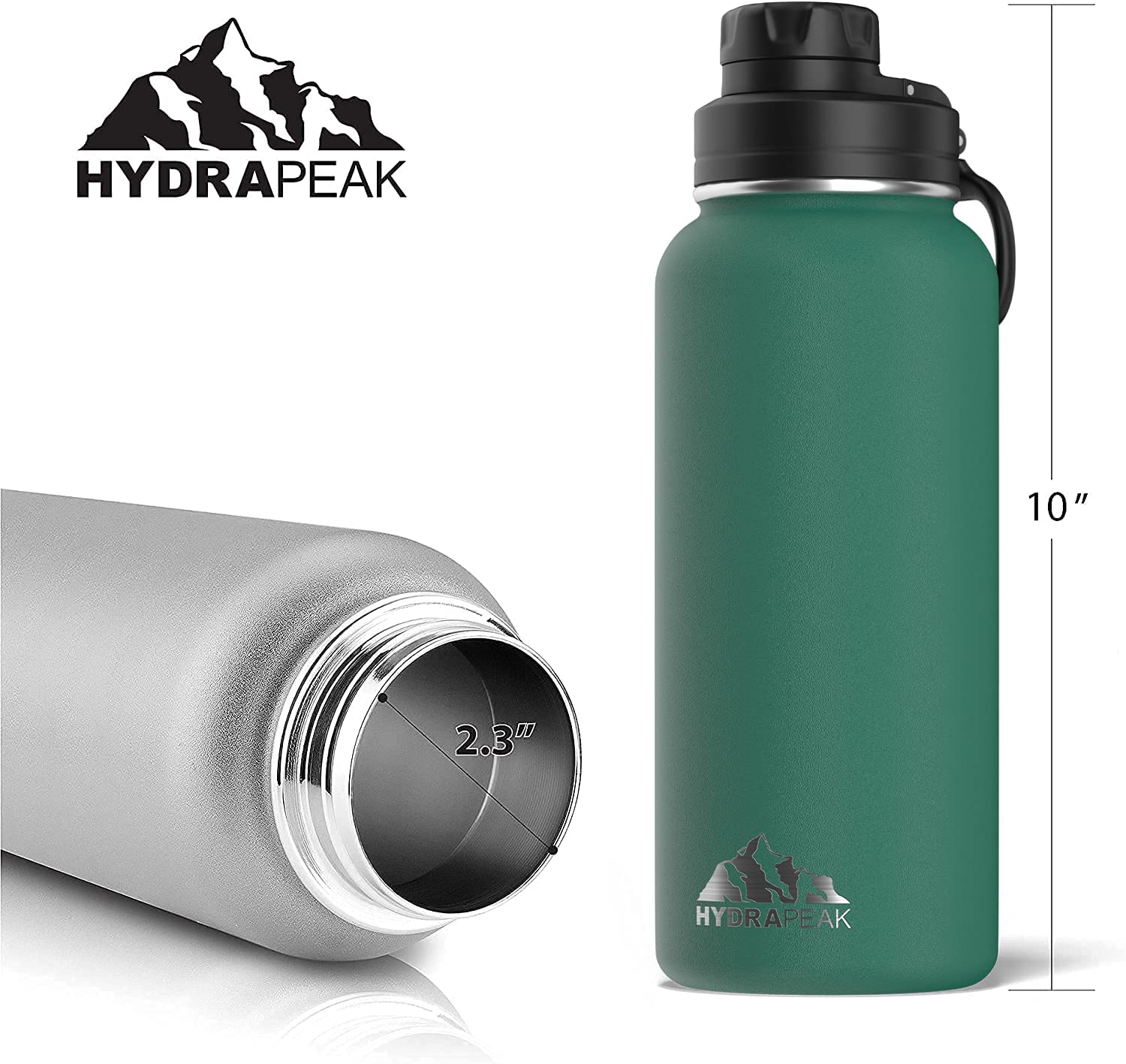 Hydrapeak Active 32oz Insulated Water Bottle - Forest Green with Chug Lid and Handle