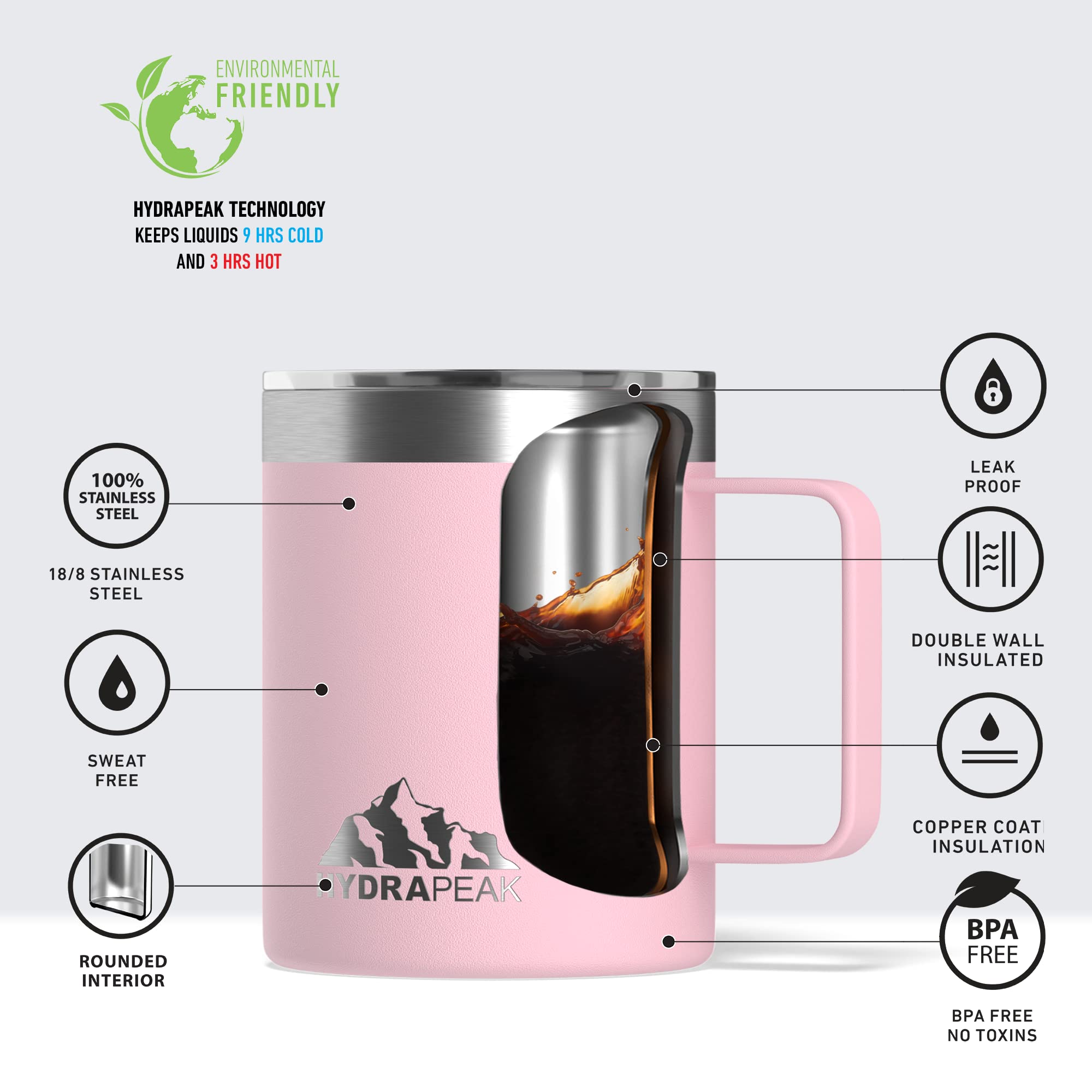 Hydrapeak 14oz Insulated Travel Mug Pink - Double Wall Stainless Steel with Splash-Proof Lid