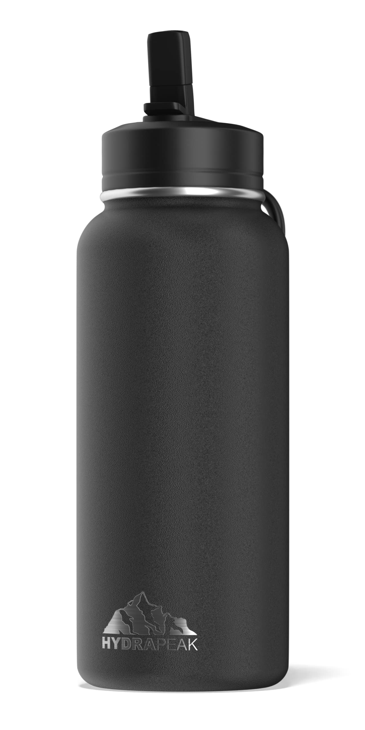 Hydrapeak 32 oz Insulated Water Bottle with Straw Lid - Black, Double-Walled Stainless Steel, Leak-Proof