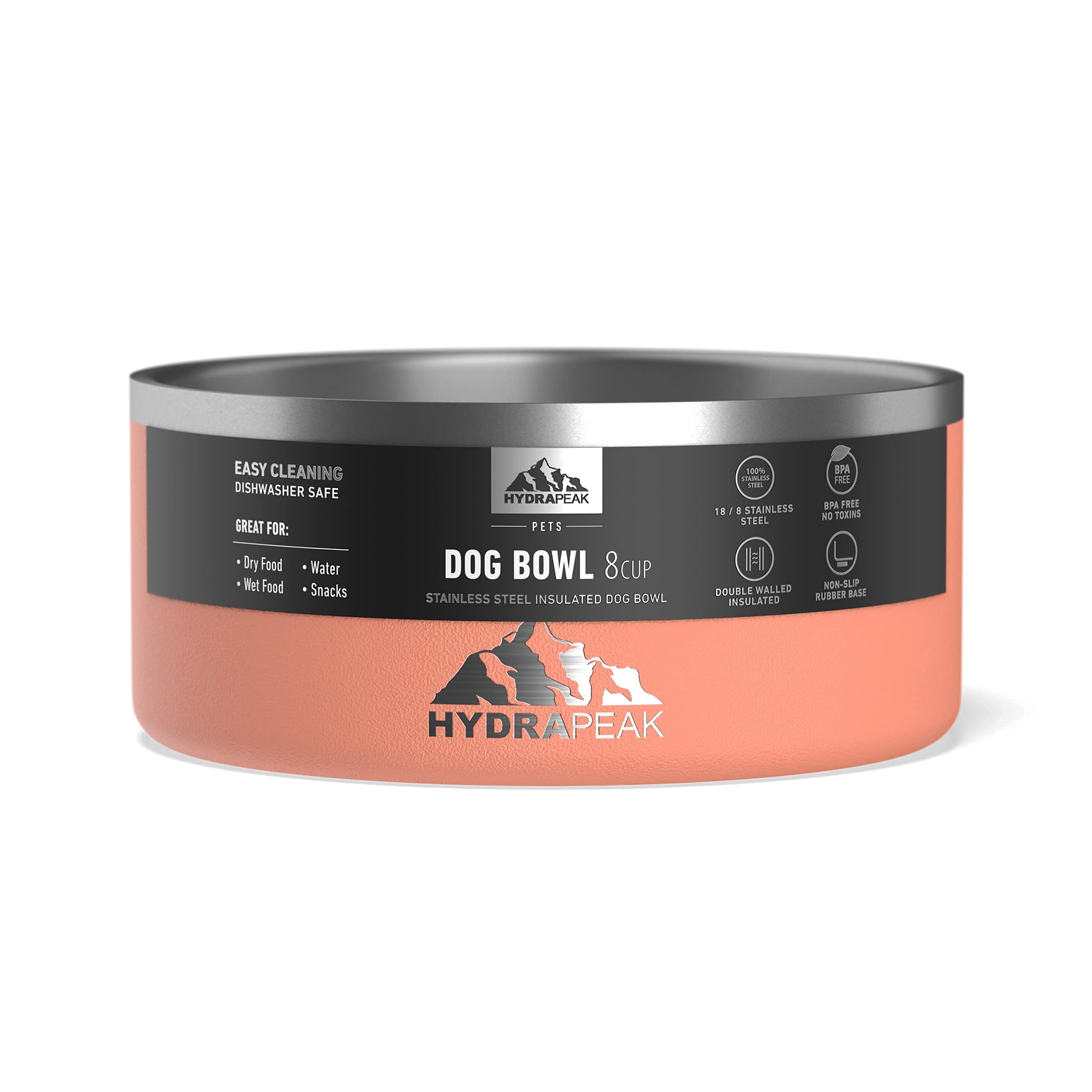 Hydrapeak 8 Cup Stainless Steel Dog Bowl - Peach, Large Capacity for Medium to Extra Large Dogs