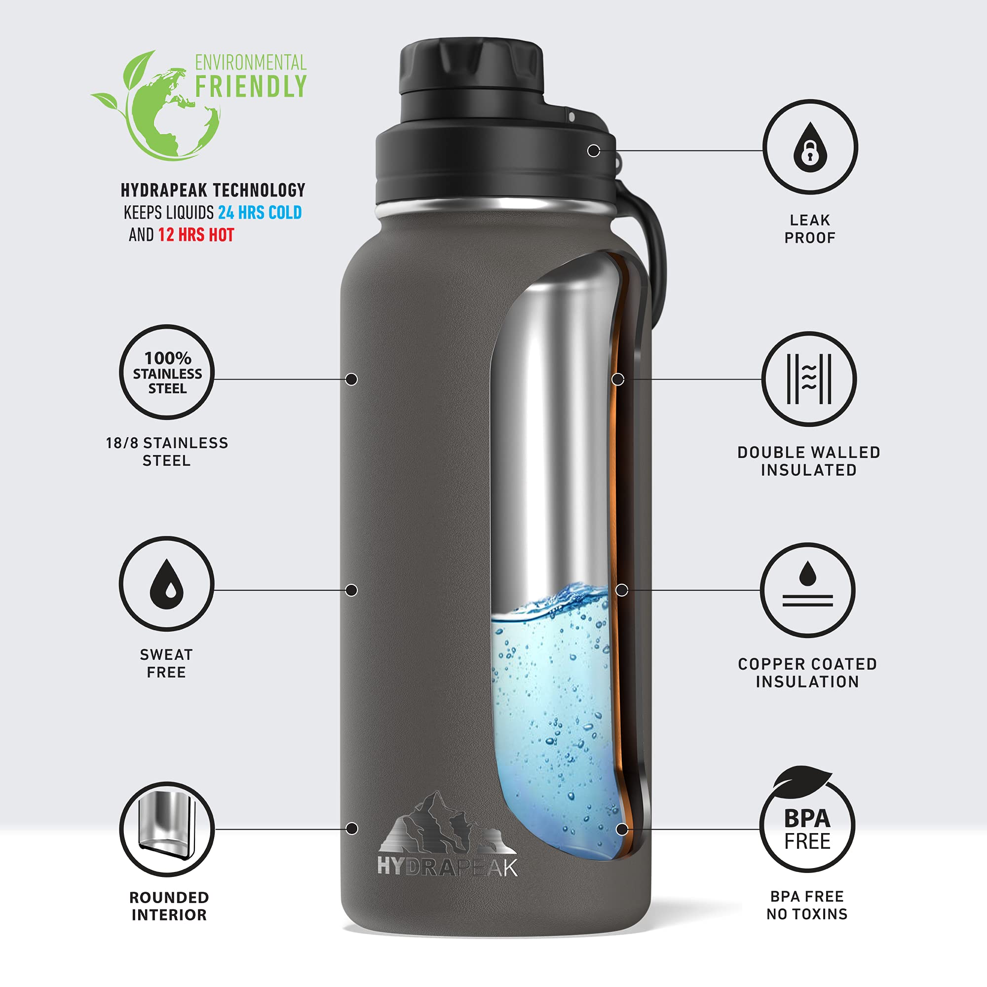 Hydrapeak 32oz Insulated Water Bottle with Chug Lid - Graphite