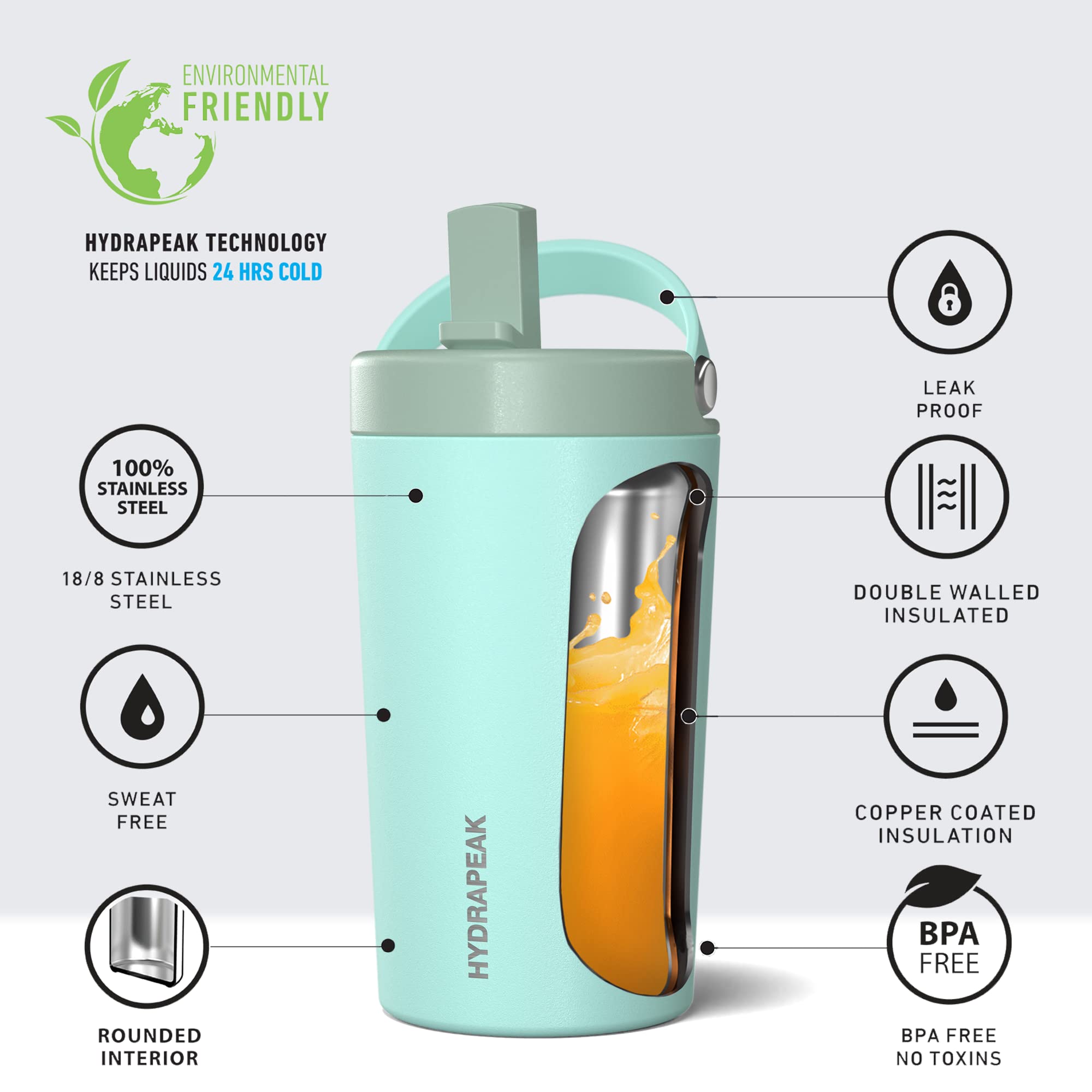 Hydrapeak Junior 14oz Insulated Kids Water Bottle - Aqua/Teal, Leak-Proof Straw Lid