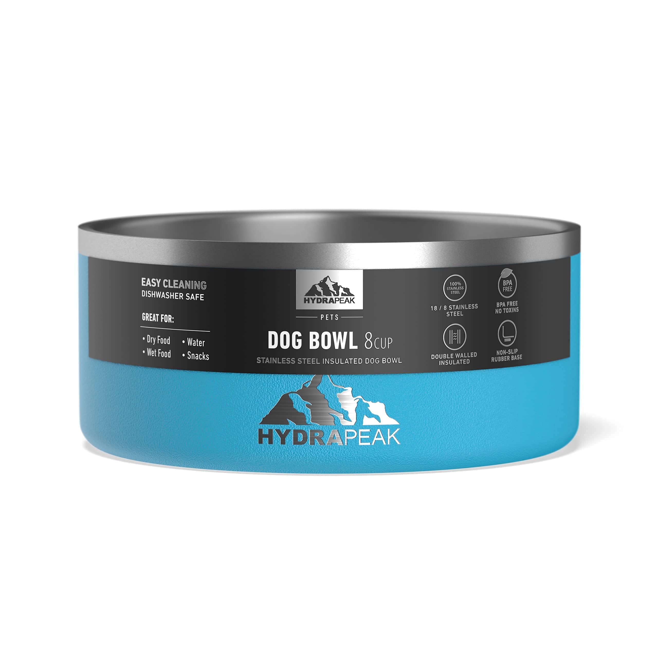 Hydrapeak Dog Bowl 8 Cup Sky - Non-Slip Stainless Steel Water and Food Dish for Large Dogs