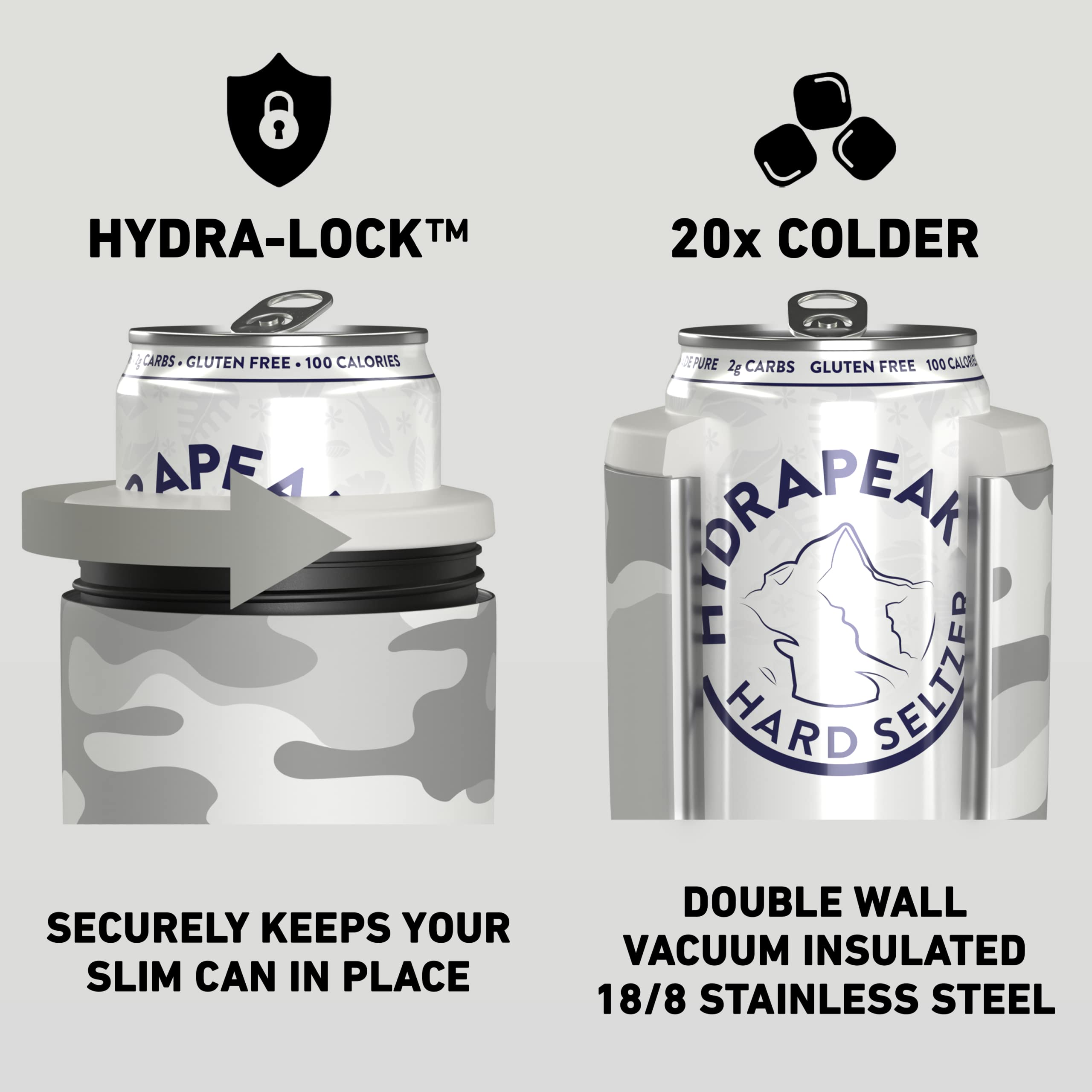 Hydrapeak 4-in-1 Insulated Can Cooler - White Camo, Fits 12 oz Slim & Standard Cans and Bottles