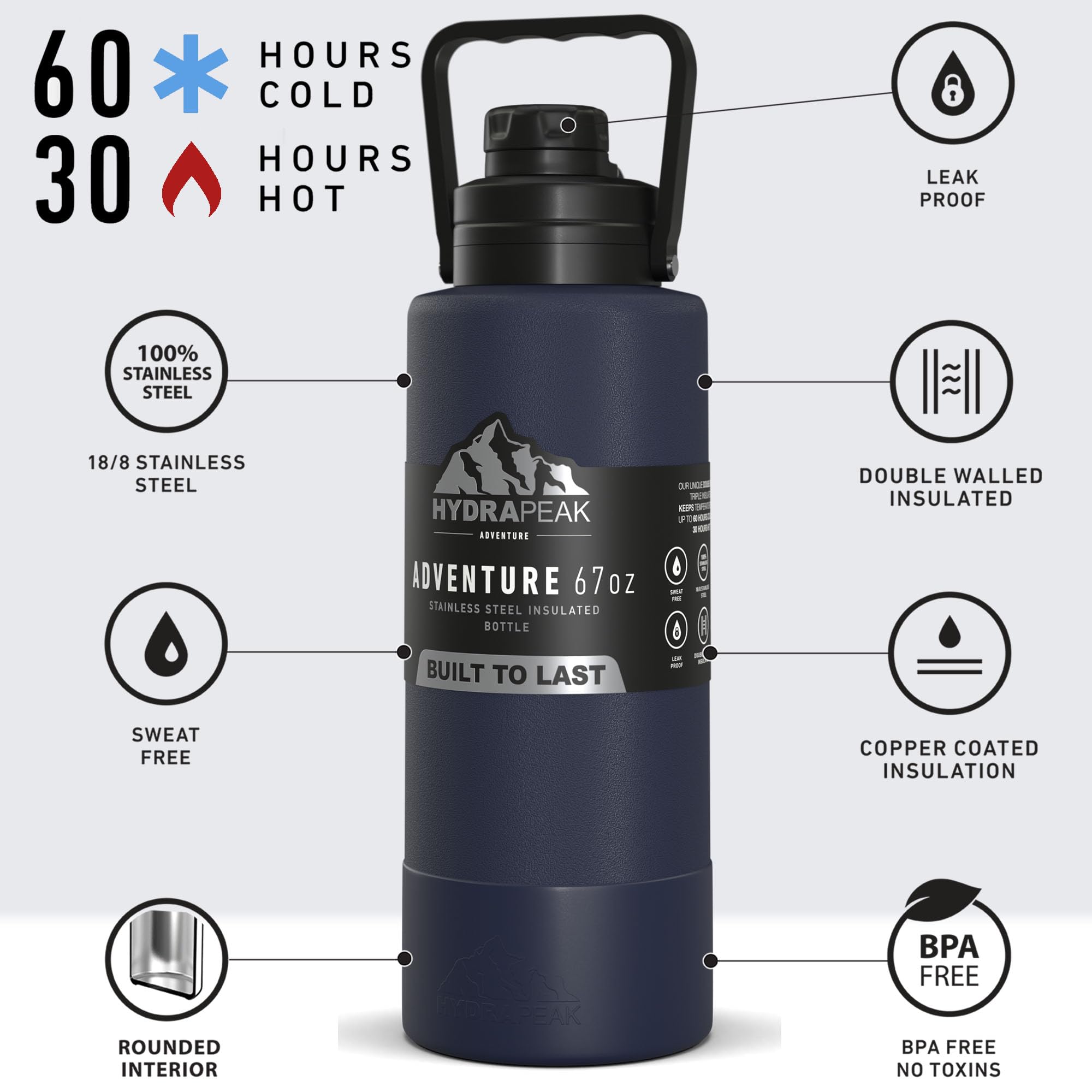 Hydrapeak Adventure 67oz Insulated Water Flask - Half Gallon Navy Stainless Steel Canteen with Rubber Boot